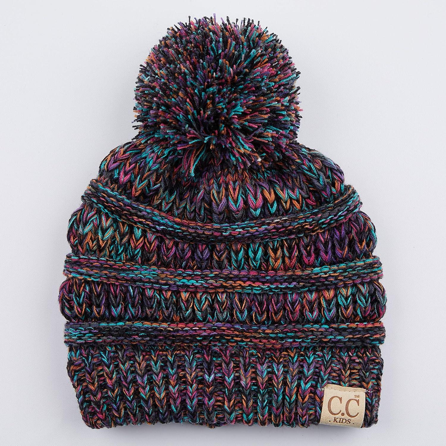 imageCC Kids Beanie Ages 25 Warm Chunky Stretchy Knit Slouch Beanie Skull Kids Hat with PomBlackmulti Mix