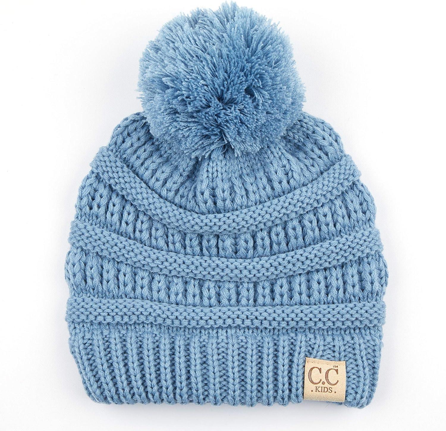 imageCC Kids Beanie Ages 25 Warm Chunky Stretchy Knit Slouch Beanie Skull Kids Hat with PomDenim