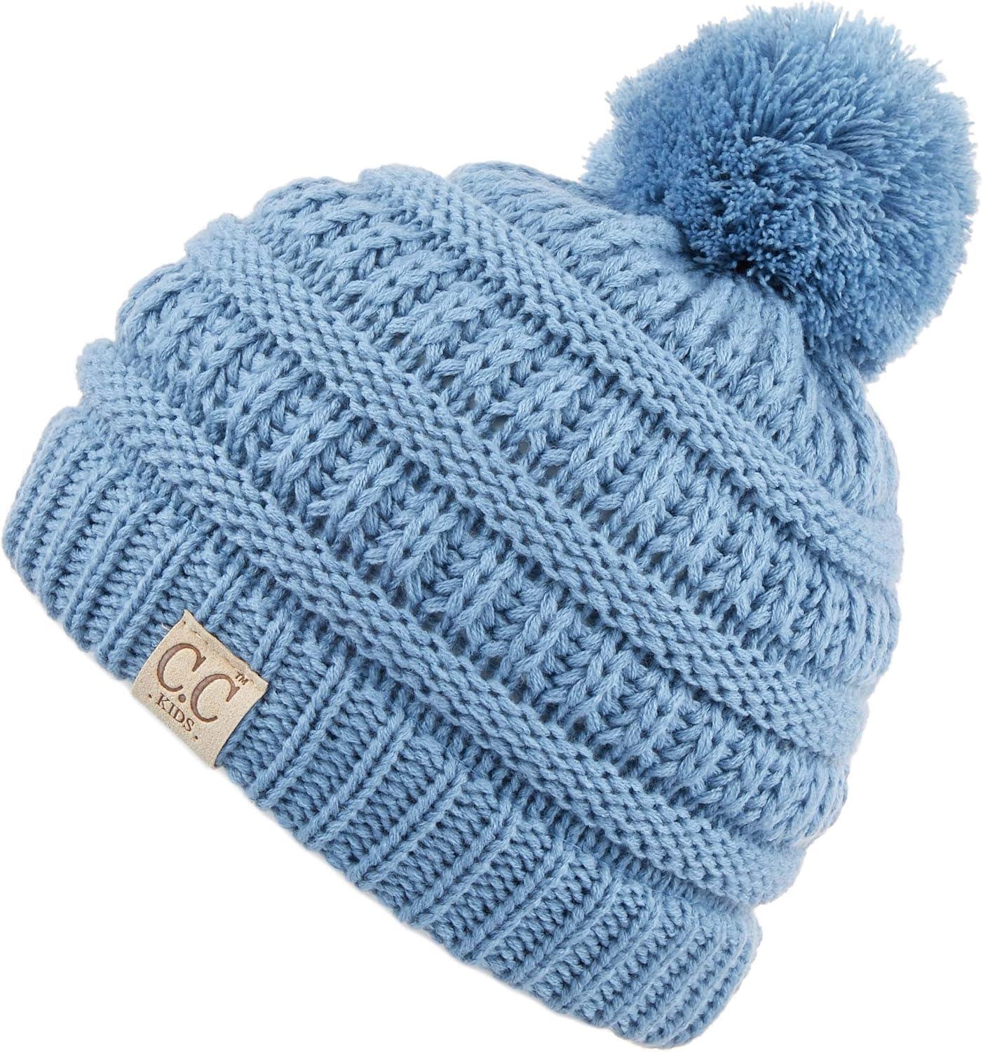 imageCC Kids Beanie Ages 25 Warm Chunky Stretchy Knit Slouch Beanie Skull Kids Hat with PomDenim
