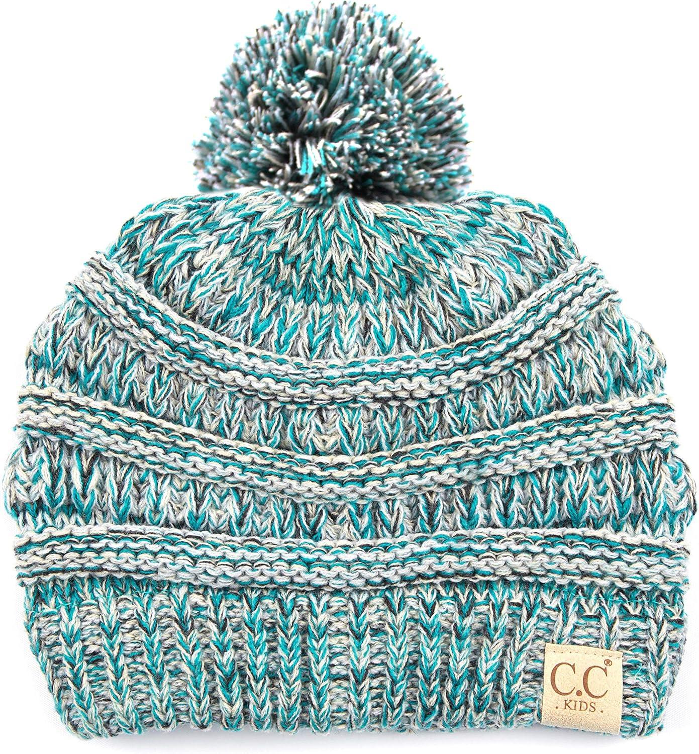 imageCC Kids Beanie Ages 25 Warm Chunky Stretchy Knit Slouch Beanie Skull Kids Hat with PomGreen Mix