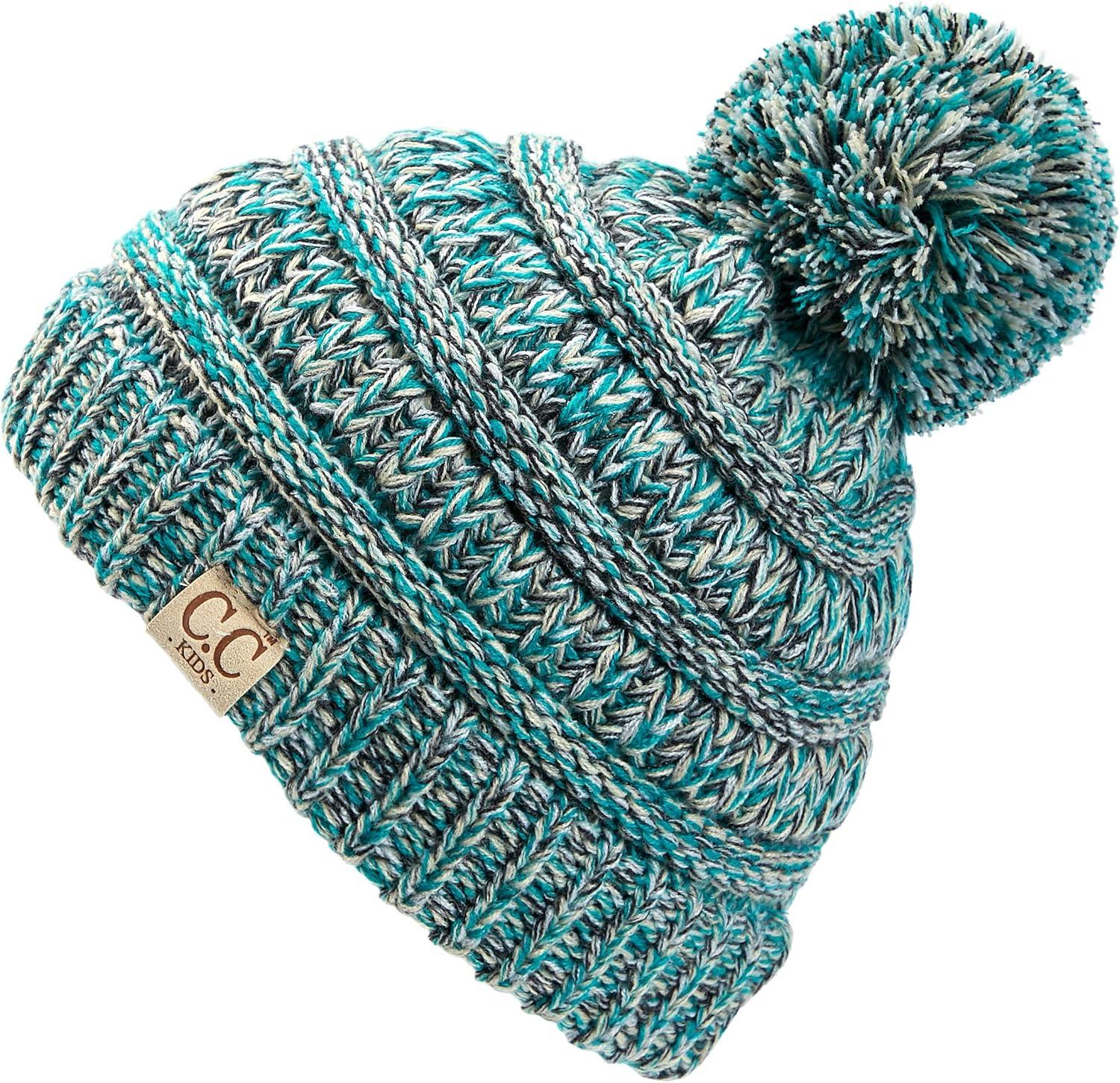 imageCC Kids Beanie Ages 25 Warm Chunky Stretchy Knit Slouch Beanie Skull Kids Hat with PomGreen Mix