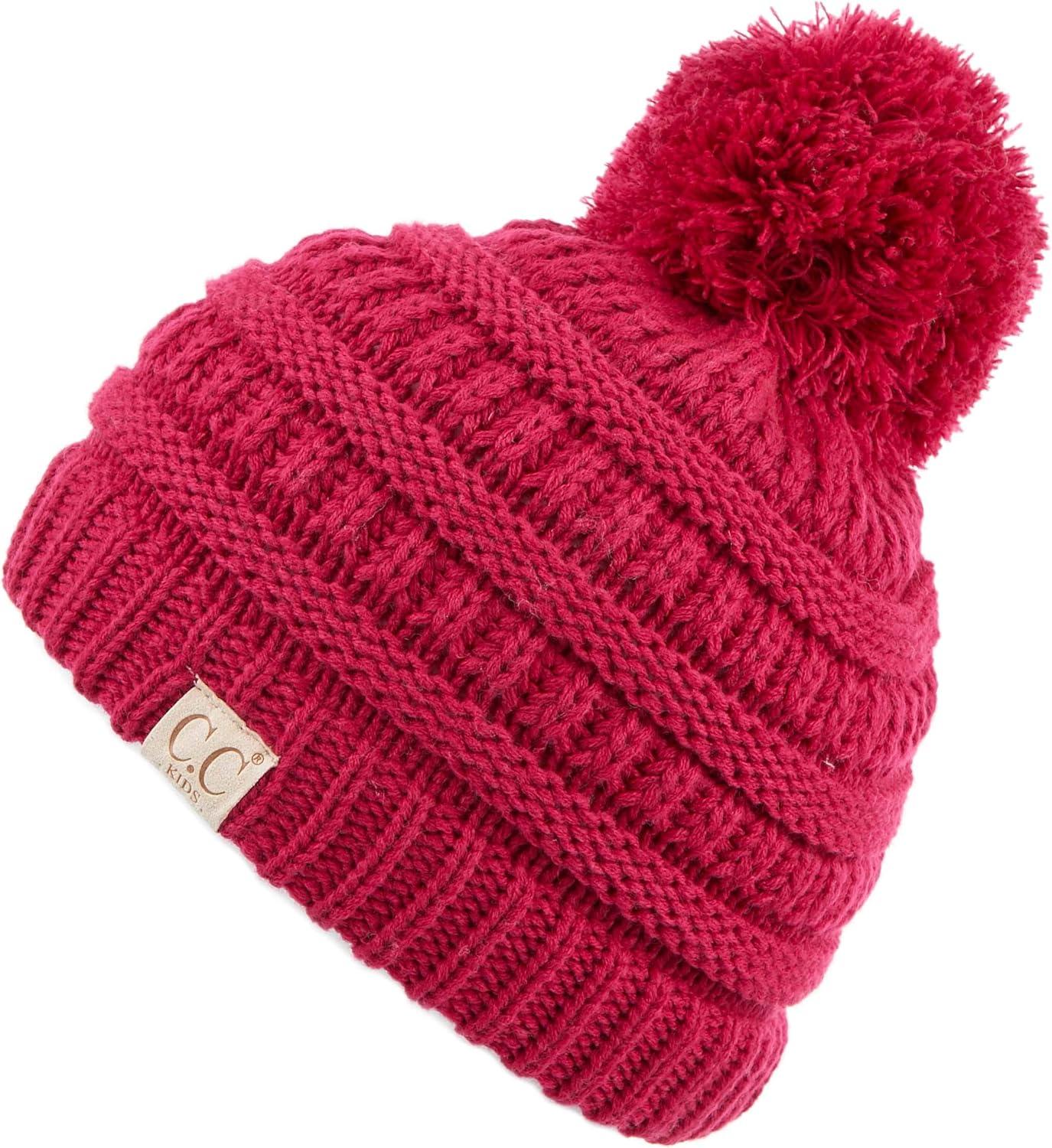 imageCC Kids Beanie Ages 25 Warm Chunky Stretchy Knit Slouch Beanie Skull Kids Hat with PomHot Pink
