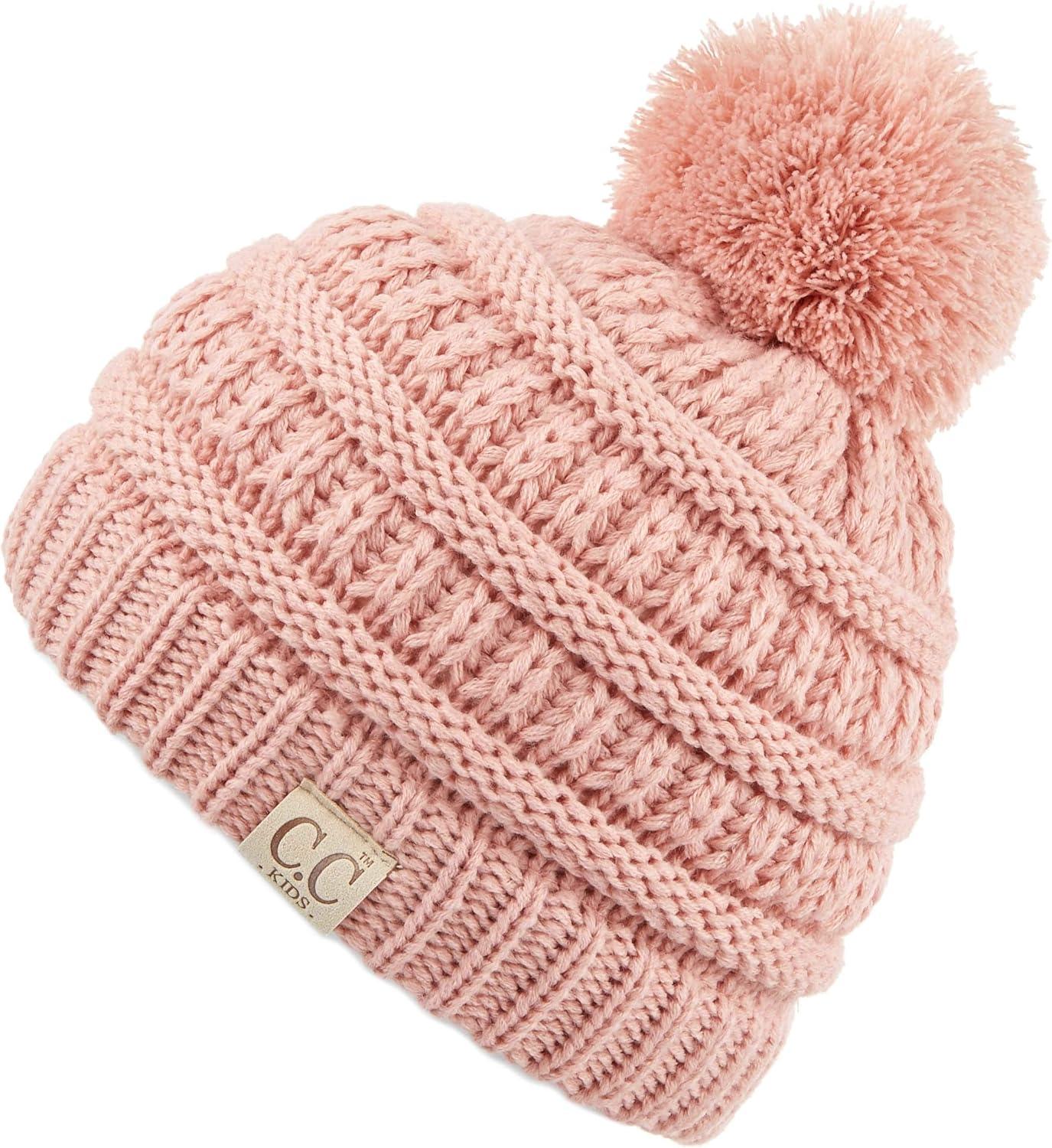 imageCC Kids Beanie Ages 25 Warm Chunky Stretchy Knit Slouch Beanie Skull Kids Hat with PomIndi Pink