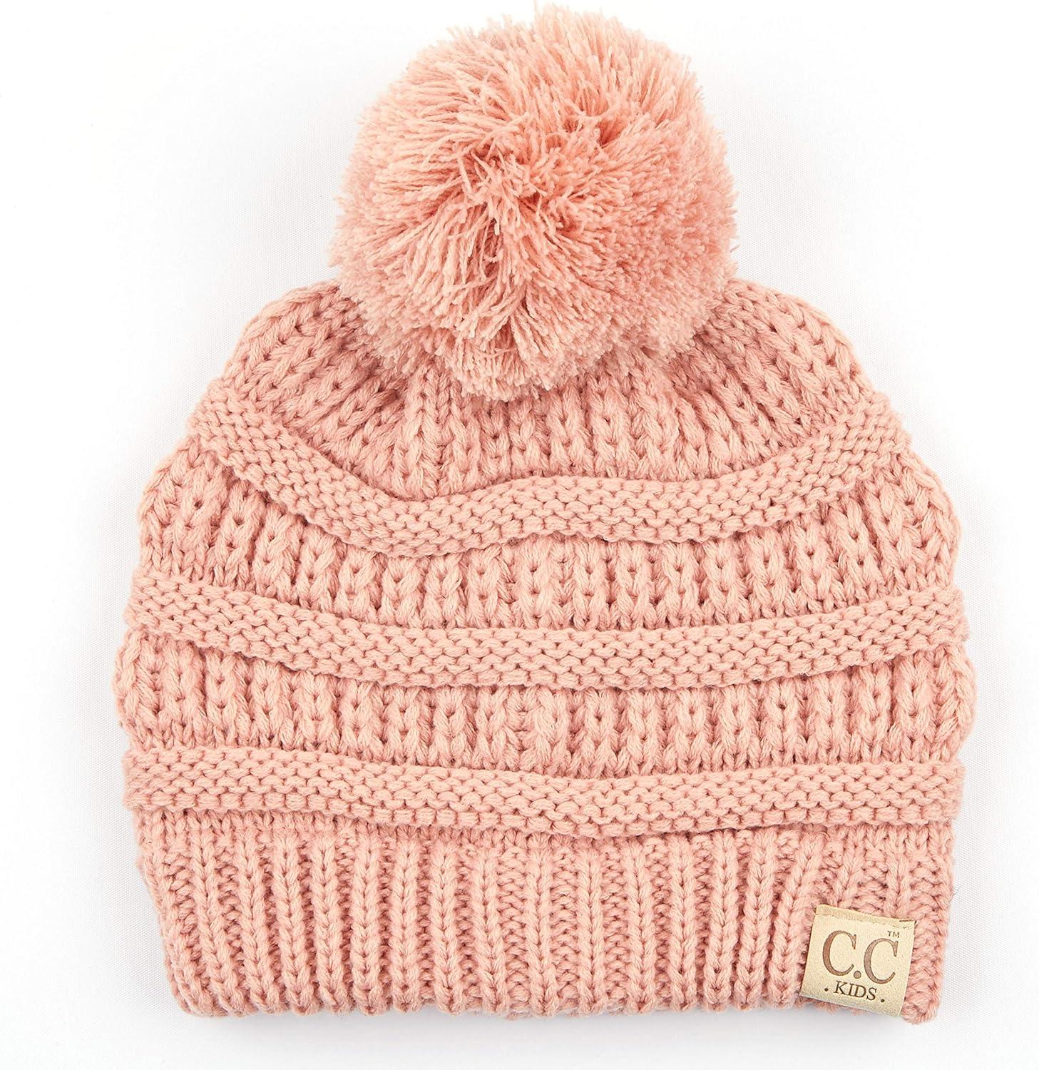 imageCC Kids Beanie Ages 25 Warm Chunky Stretchy Knit Slouch Beanie Skull Kids Hat with PomIndi Pink