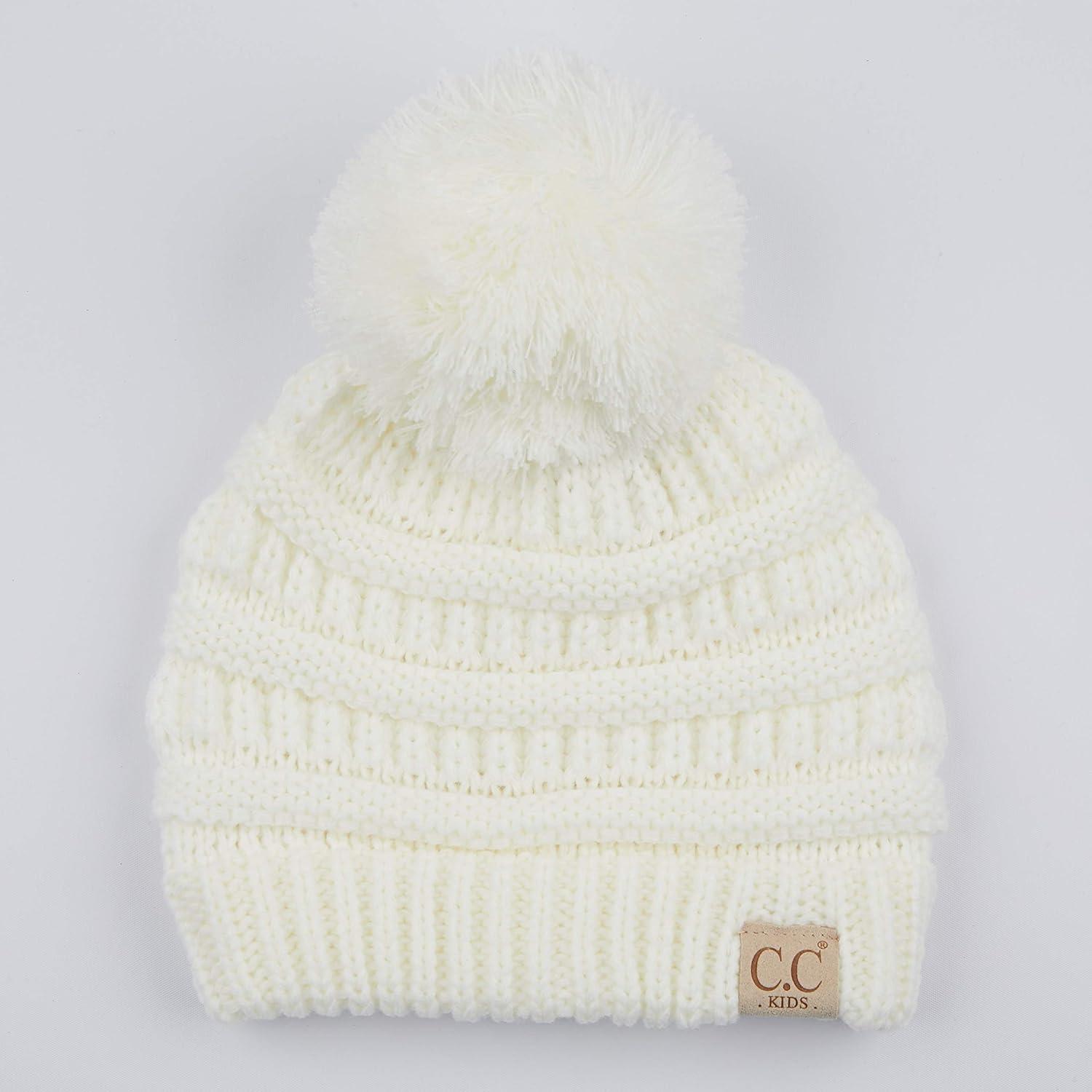 imageCC Kids Beanie Ages 25 Warm Chunky Stretchy Knit Slouch Beanie Skull Kids Hat with PomIvory