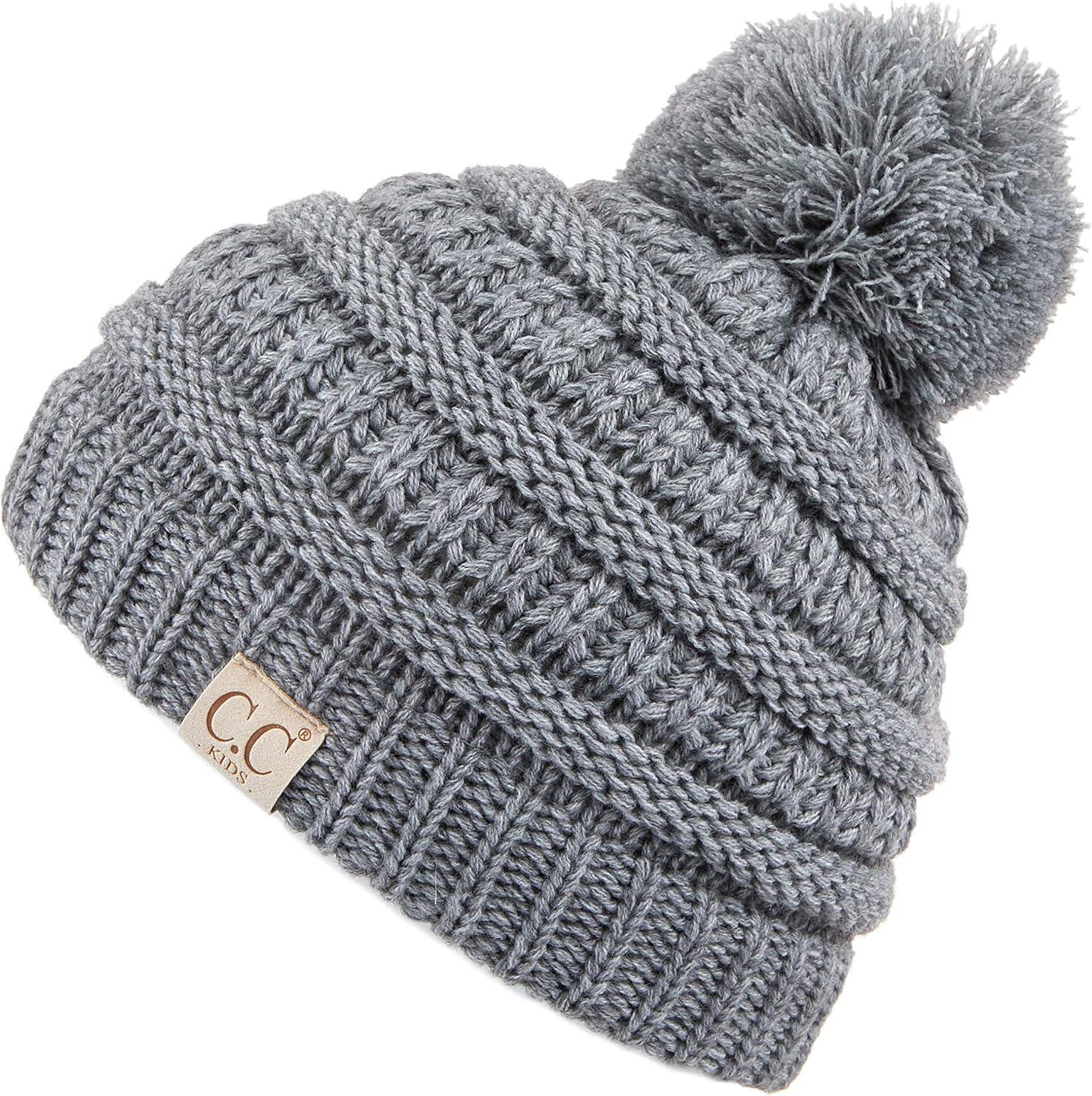 imageCC Kids Beanie Ages 25 Warm Chunky Stretchy Knit Slouch Beanie Skull Kids Hat with PomLt Mel Grey