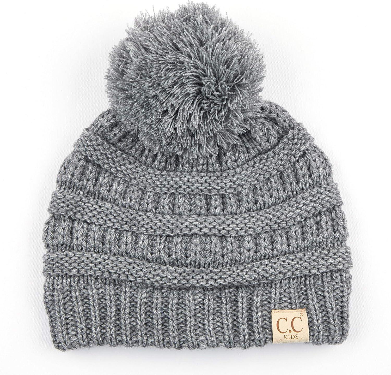 imageCC Kids Beanie Ages 25 Warm Chunky Stretchy Knit Slouch Beanie Skull Kids Hat with PomLt Mel Grey