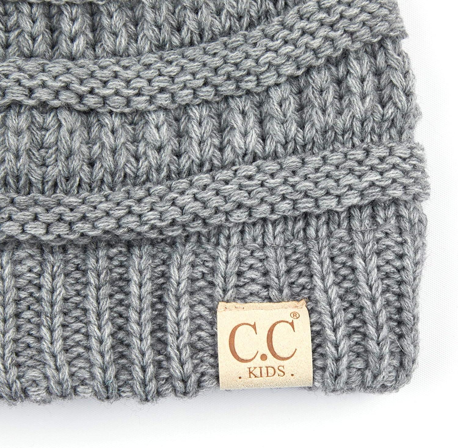 imageCC Kids Beanie Ages 25 Warm Chunky Stretchy Knit Slouch Beanie Skull Kids Hat with PomLt Mel Grey