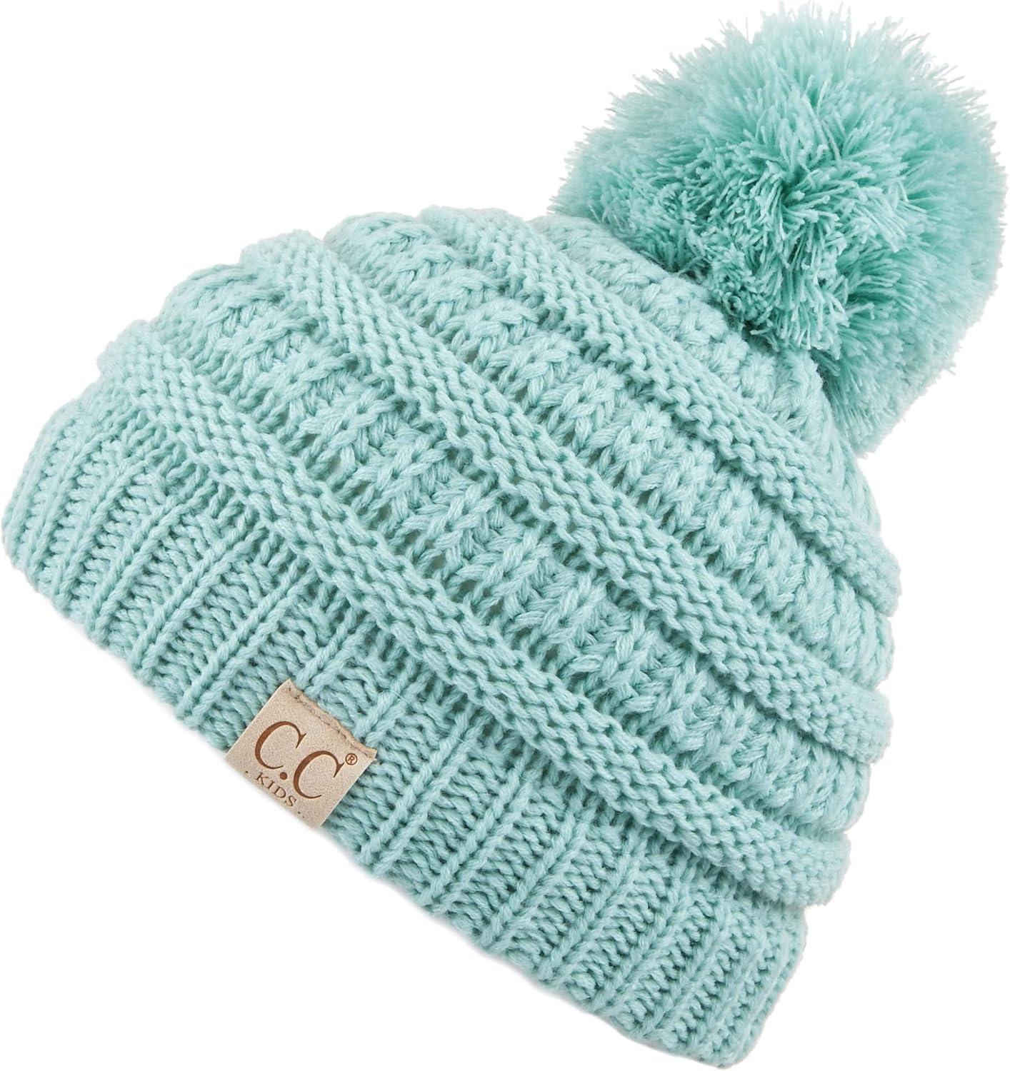 imageCC Kids Beanie Ages 25 Warm Chunky Stretchy Knit Slouch Beanie Skull Kids Hat with PomMint