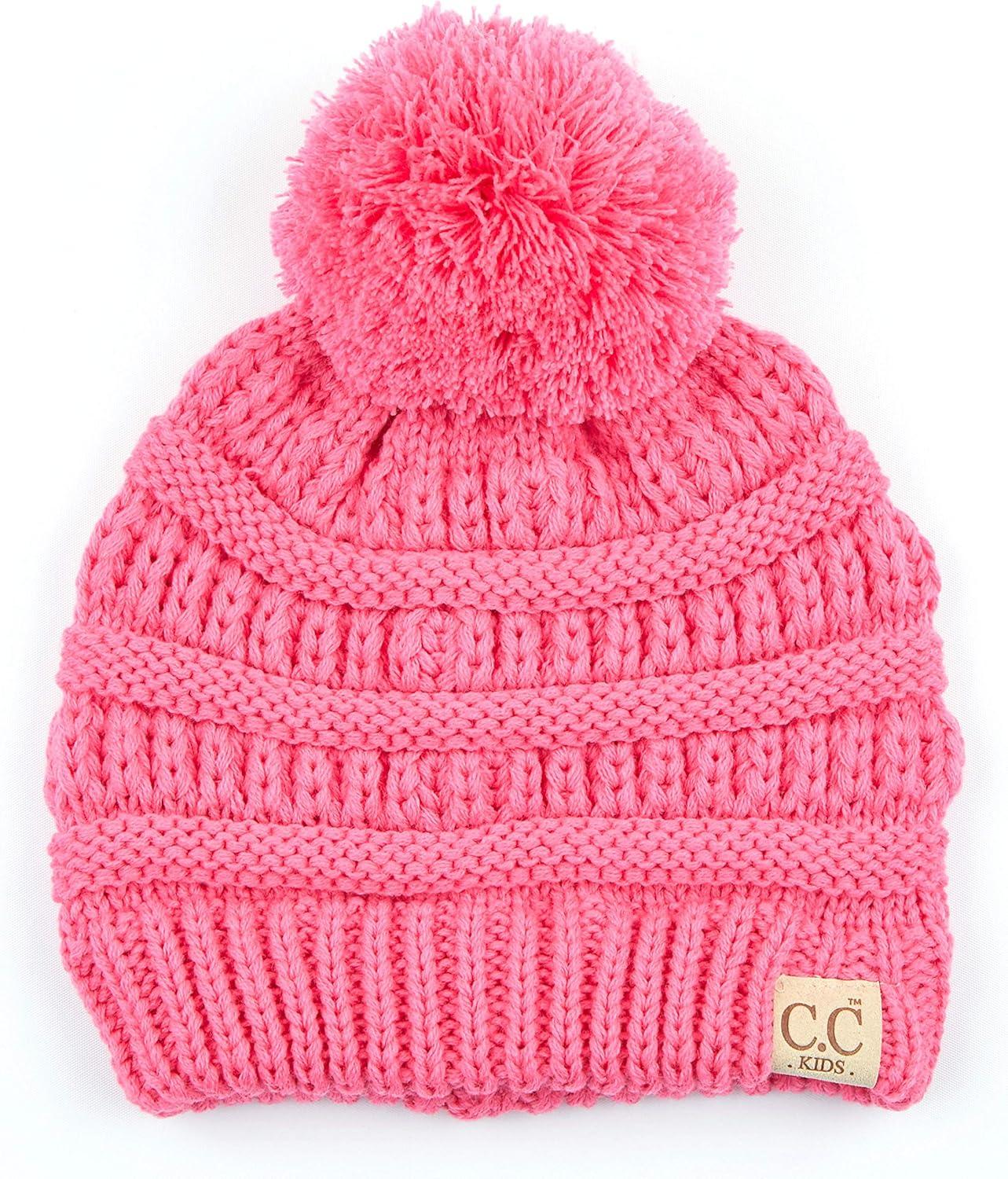 imageCC Kids Beanie Ages 25 Warm Chunky Stretchy Knit Slouch Beanie Skull Kids Hat with PomNew Candy Pink