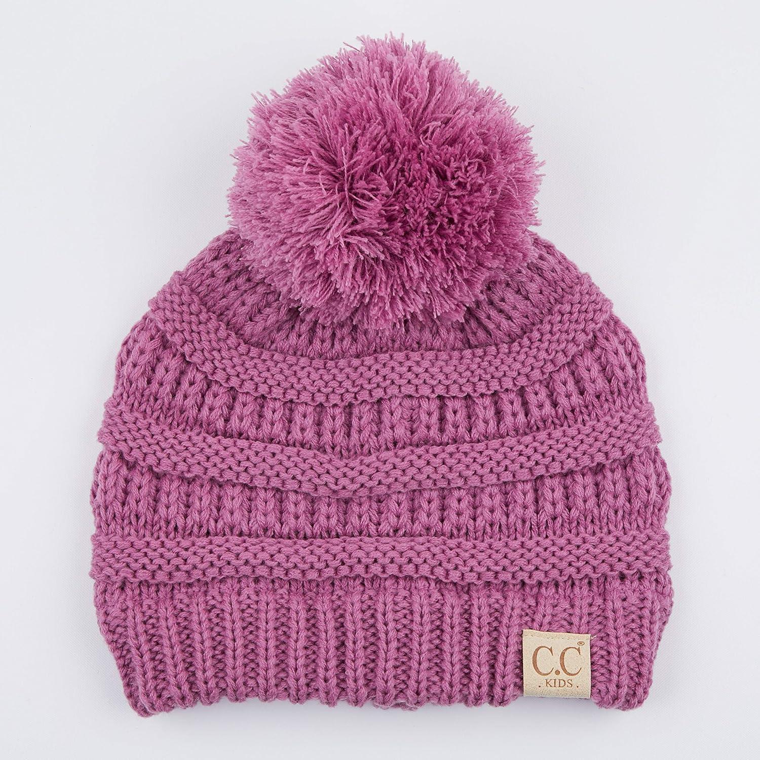 imageCC Kids Beanie Ages 25 Warm Chunky Stretchy Knit Slouch Beanie Skull Kids Hat with PomNew Lavender
