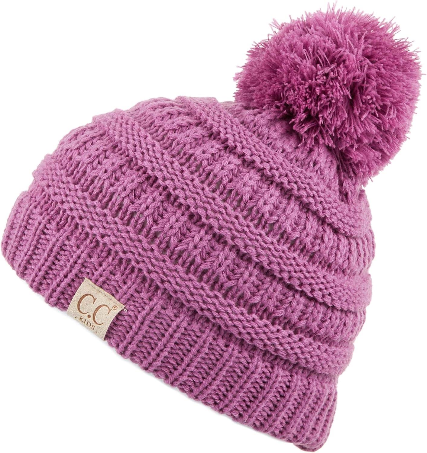 imageCC Kids Beanie Ages 25 Warm Chunky Stretchy Knit Slouch Beanie Skull Kids Hat with PomNew Lavender