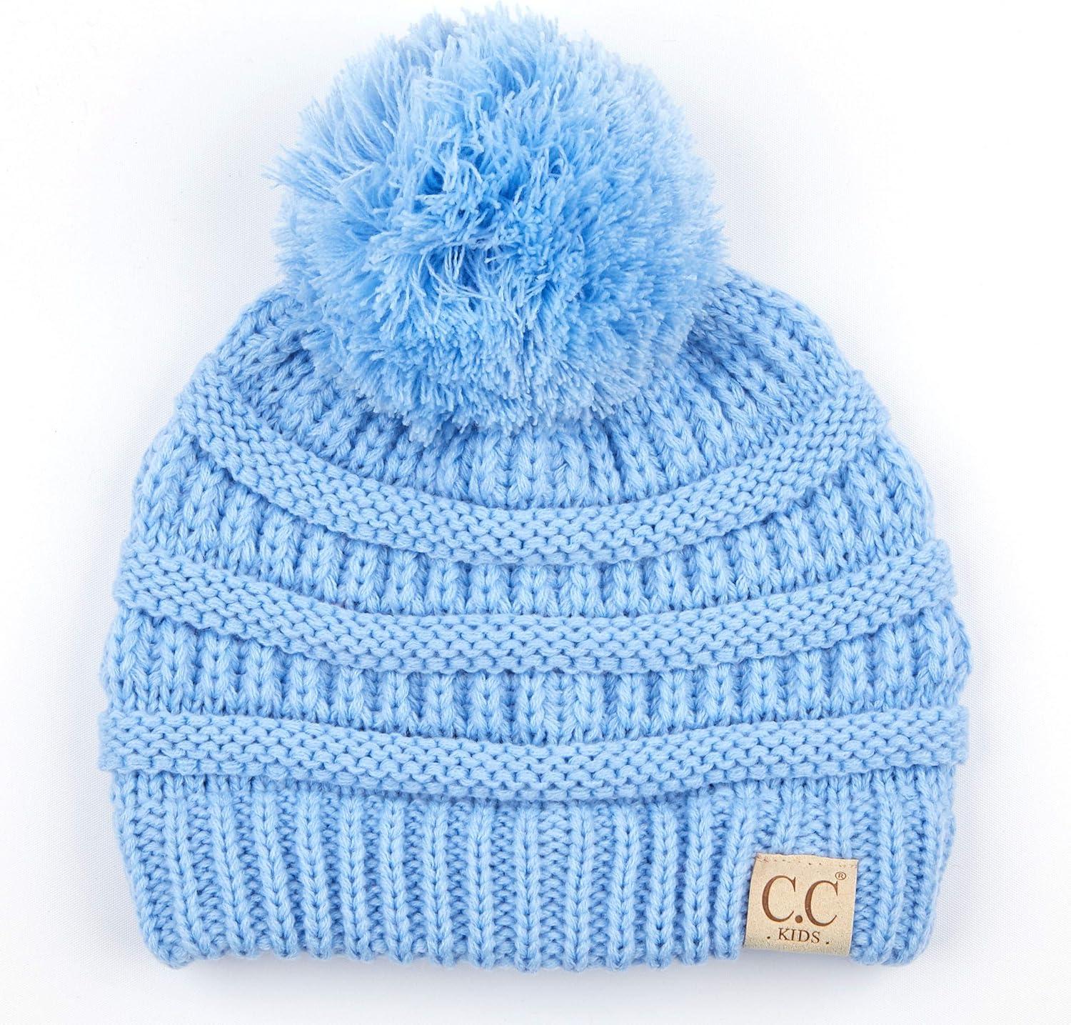 imageCC Kids Beanie Ages 25 Warm Chunky Stretchy Knit Slouch Beanie Skull Kids Hat with PomPale Blue