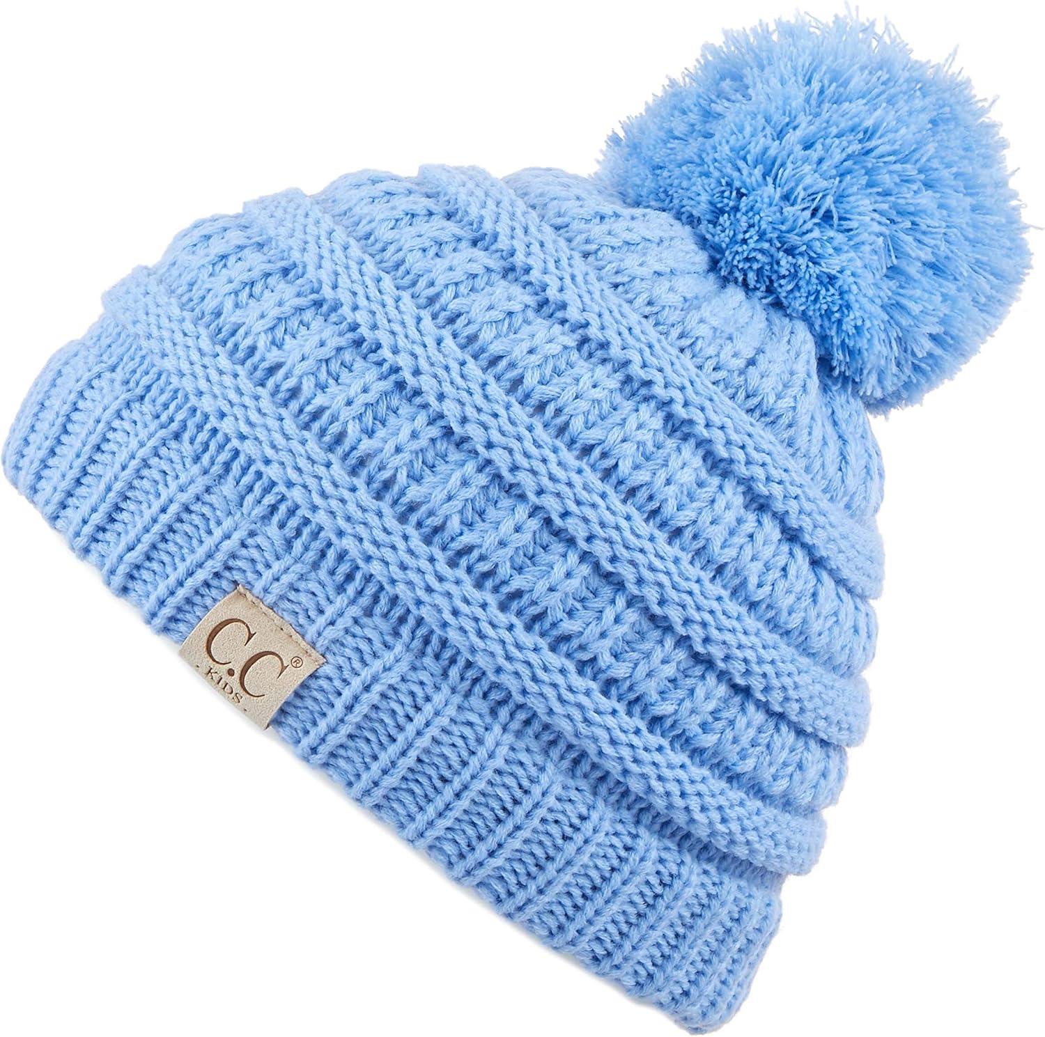 imageCC Kids Beanie Ages 25 Warm Chunky Stretchy Knit Slouch Beanie Skull Kids Hat with PomPale Blue
