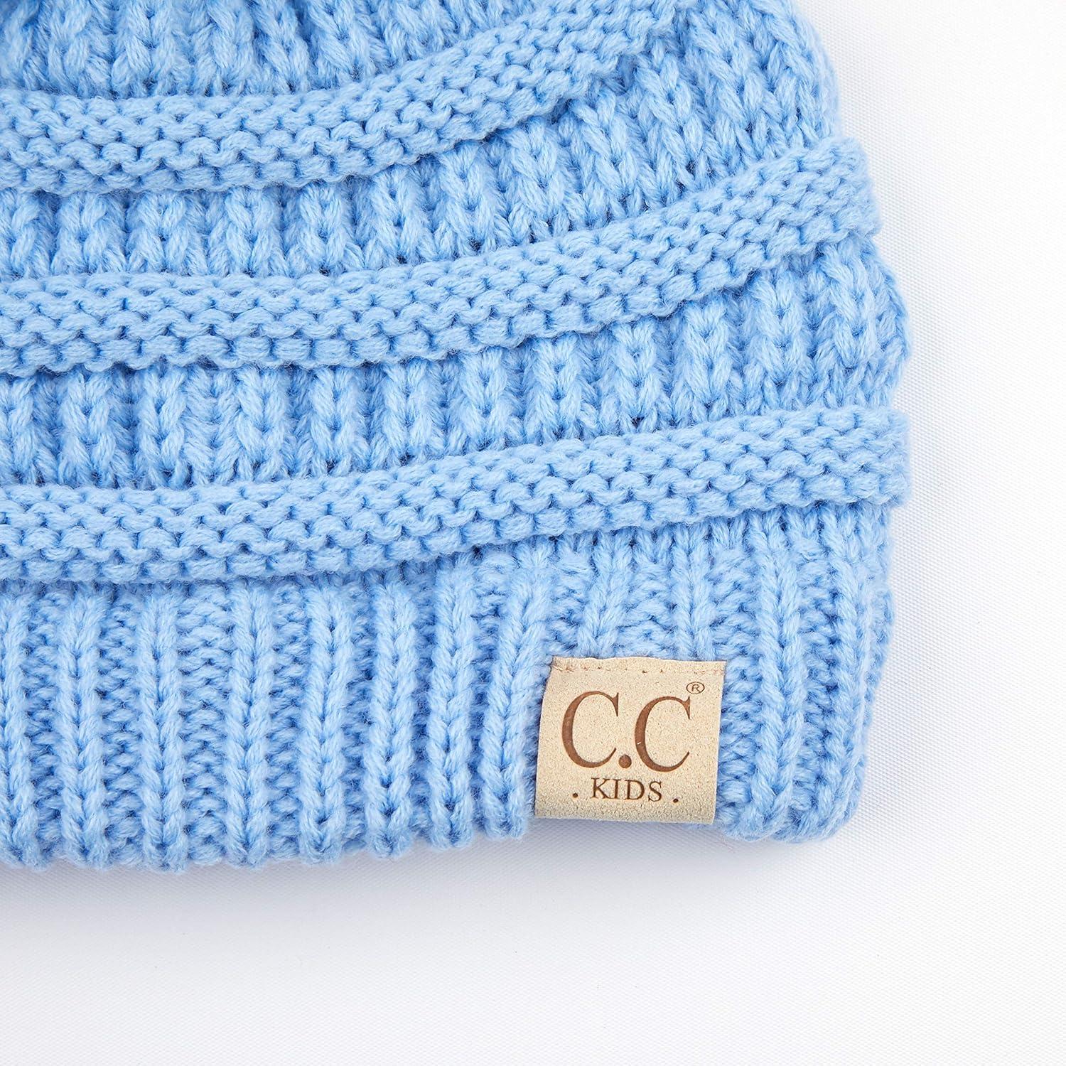 imageCC Kids Beanie Ages 25 Warm Chunky Stretchy Knit Slouch Beanie Skull Kids Hat with PomPale Blue
