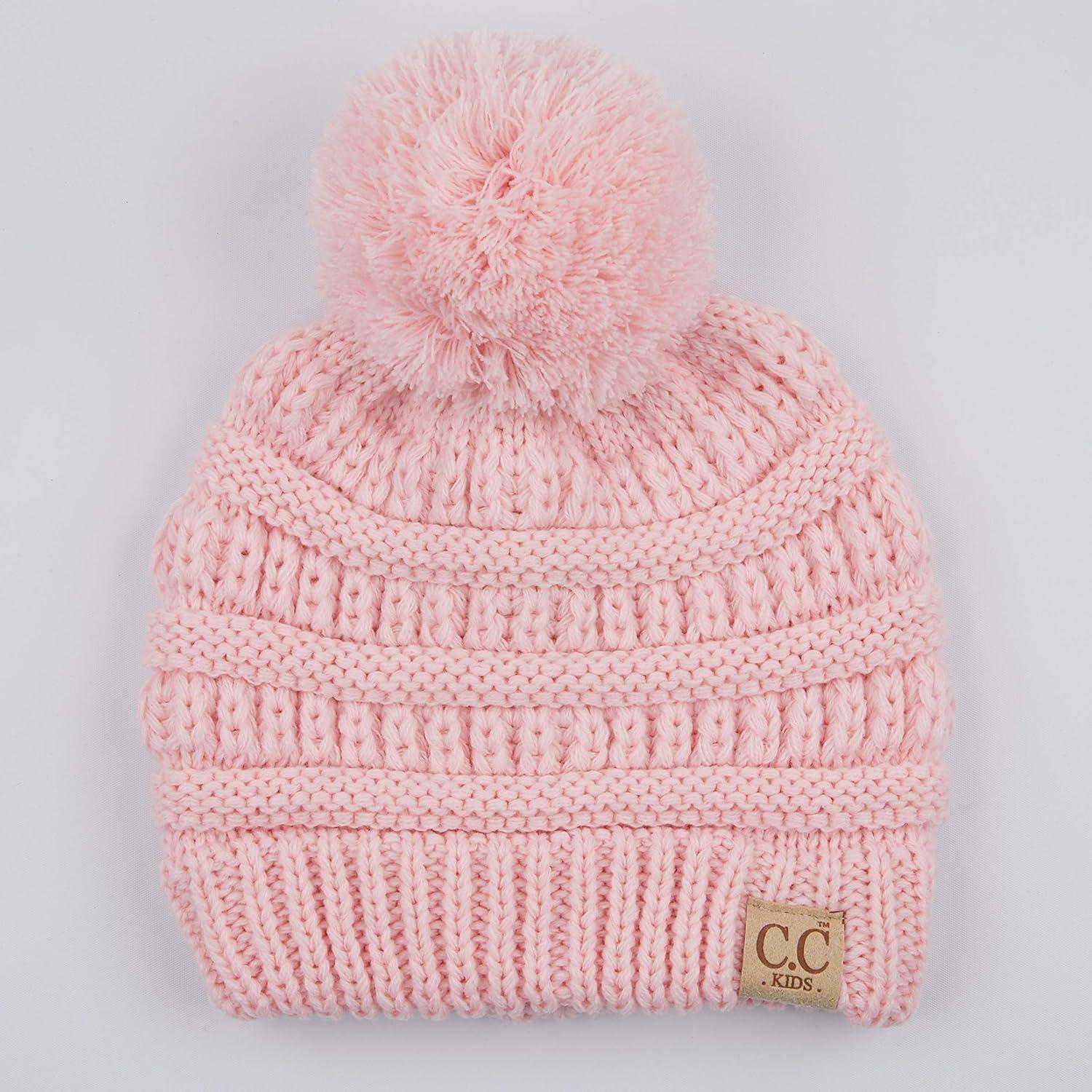 imageCC Kids Beanie Ages 25 Warm Chunky Stretchy Knit Slouch Beanie Skull Kids Hat with PomPale Pink