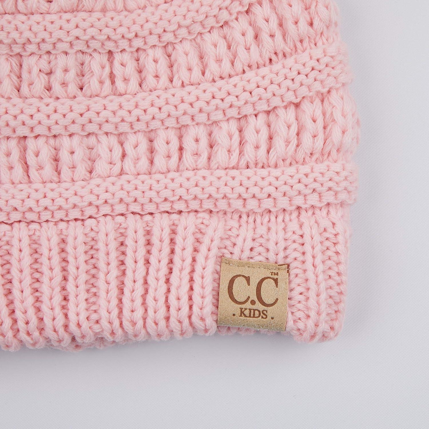 imageCC Kids Beanie Ages 25 Warm Chunky Stretchy Knit Slouch Beanie Skull Kids Hat with PomPale Pink