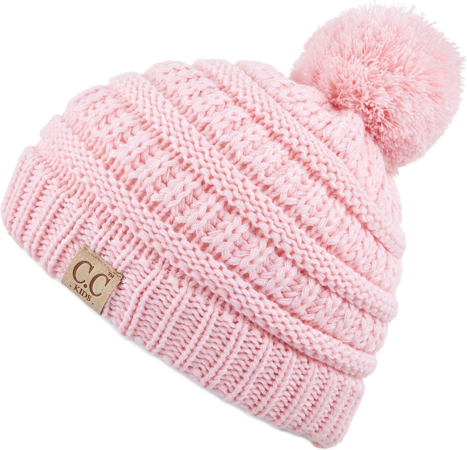 imageCC Kids Beanie Ages 25 Warm Chunky Stretchy Knit Slouch Beanie Skull Kids Hat with PomPale Pink