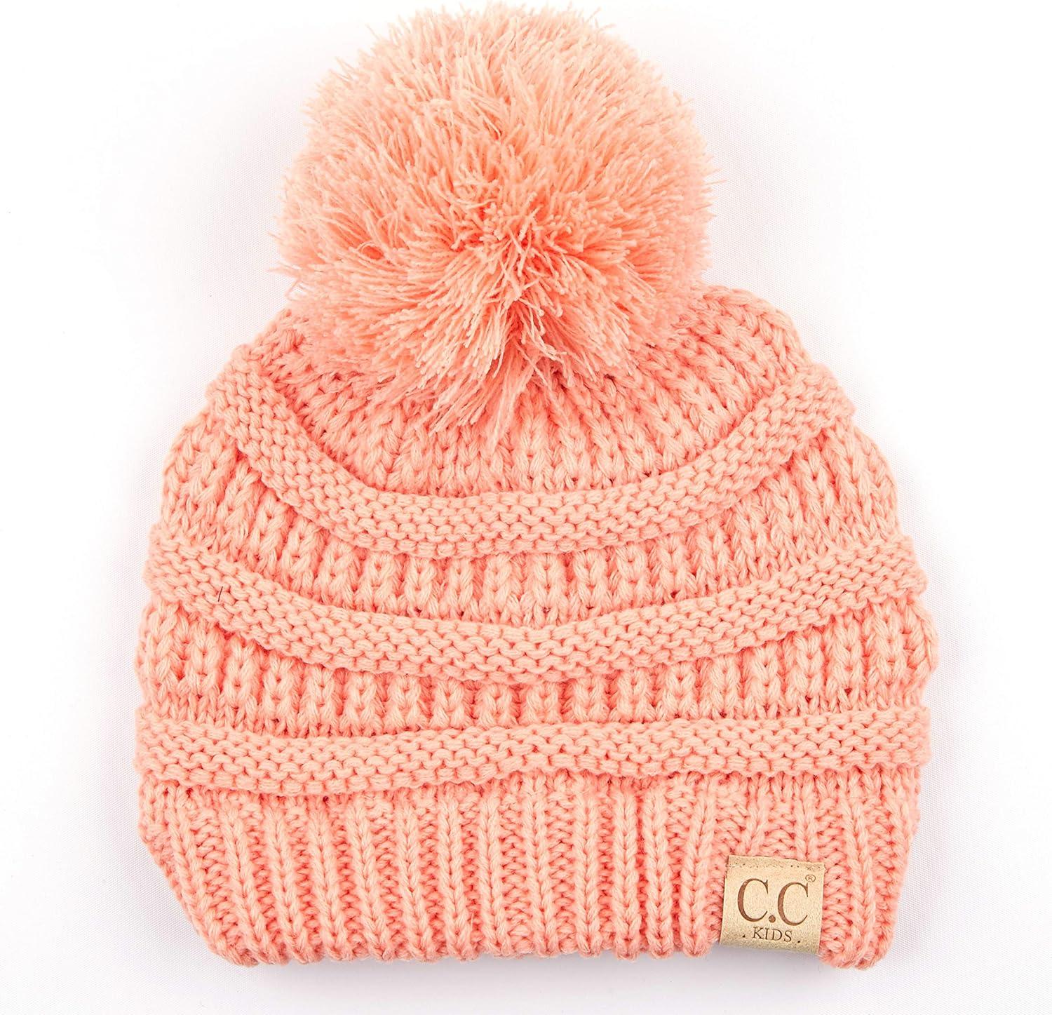imageCC Kids Beanie Ages 25 Warm Chunky Stretchy Knit Slouch Beanie Skull Kids Hat with PomPeach