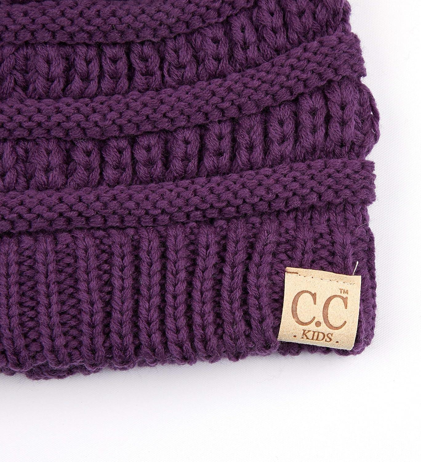 imageCC Kids Beanie Ages 25 Warm Chunky Stretchy Knit Slouch Beanie Skull Kids Hat with PomPurple