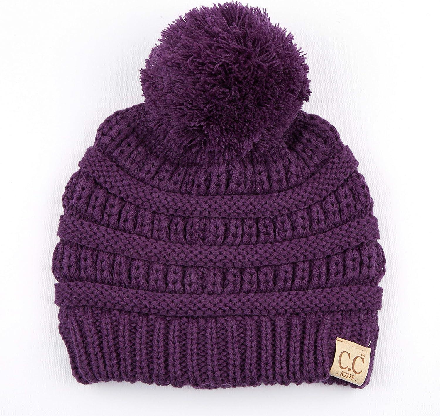 imageCC Kids Beanie Ages 25 Warm Chunky Stretchy Knit Slouch Beanie Skull Kids Hat with PomPurple