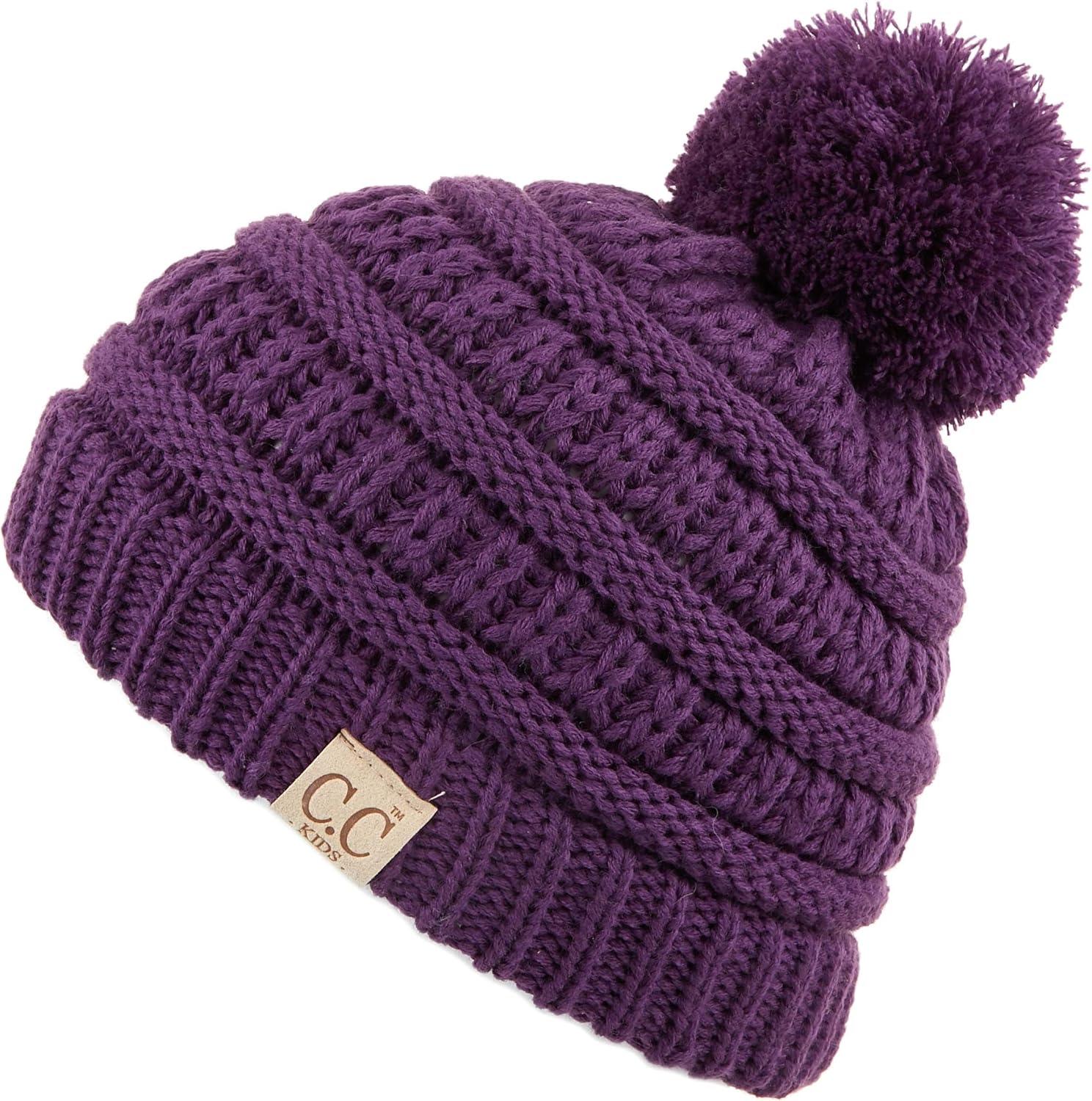imageCC Kids Beanie Ages 25 Warm Chunky Stretchy Knit Slouch Beanie Skull Kids Hat with PomPurple