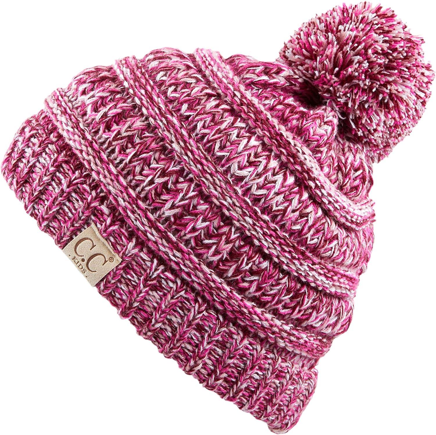 imageCC Kids Beanie Ages 25 Warm Chunky Stretchy Knit Slouch Beanie Skull Kids Hat with PomPurple Mix
