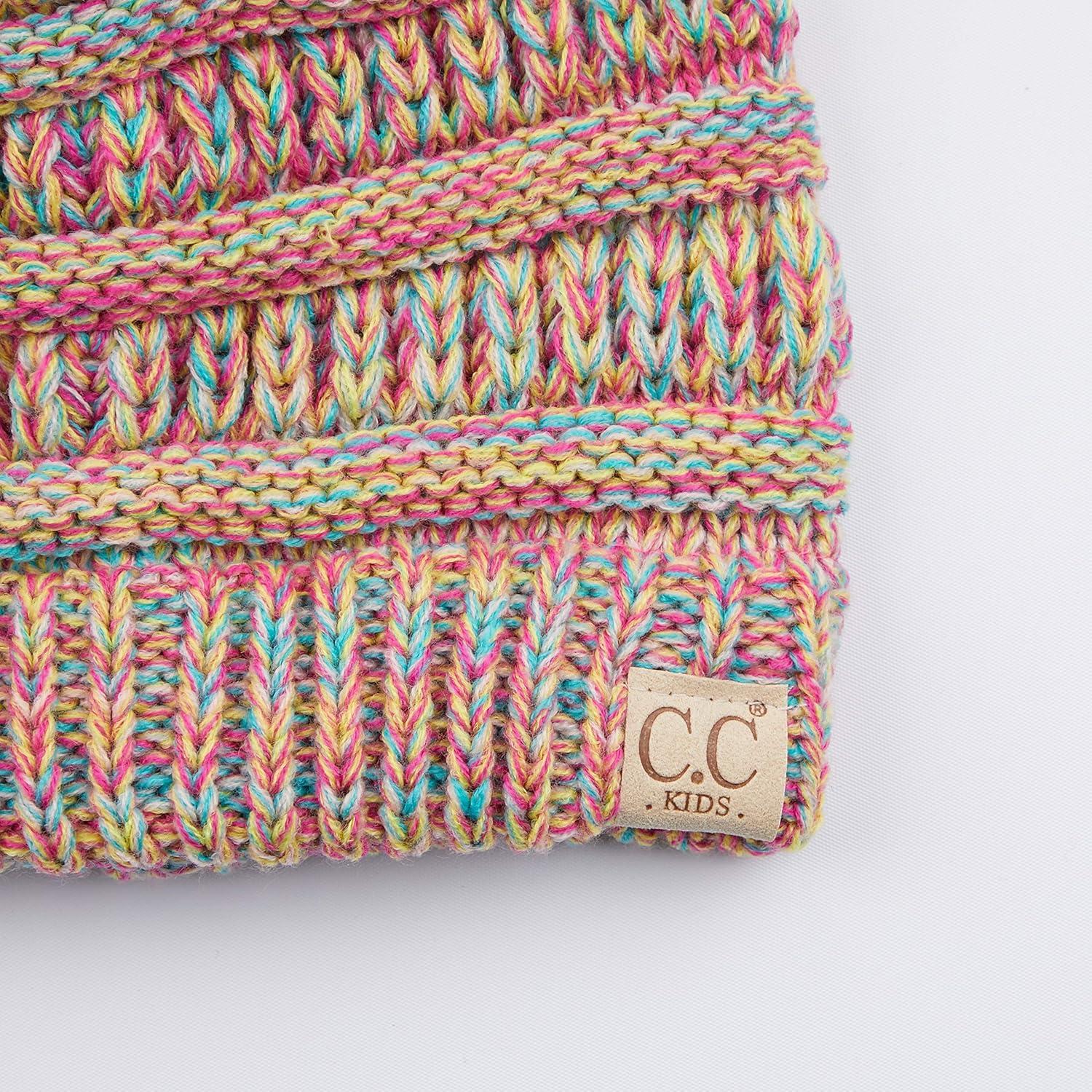 imageCC Kids Beanie Ages 25 Warm Chunky Stretchy Knit Slouch Beanie Skull Kids Hat with PomRainbow Mix