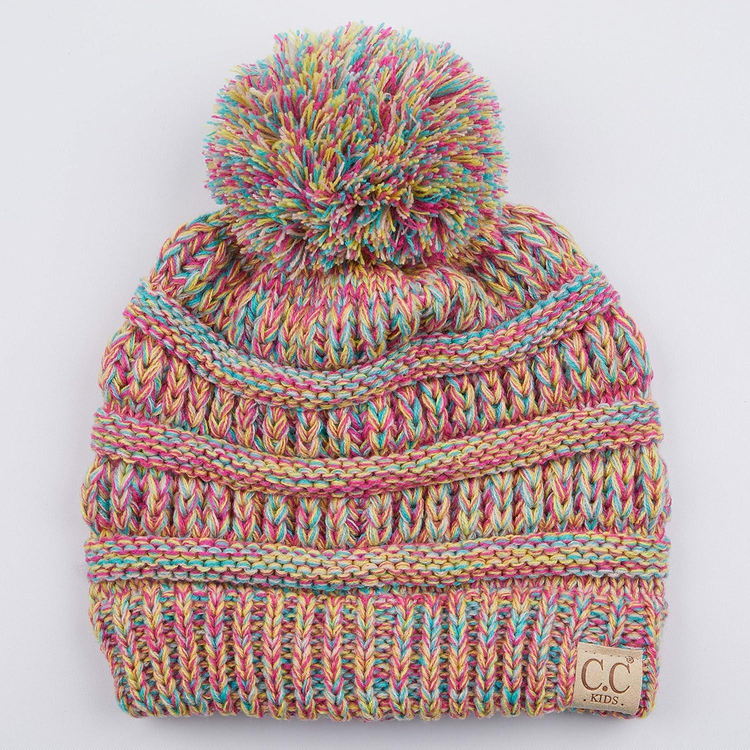 imageCC Kids Beanie Ages 25 Warm Chunky Stretchy Knit Slouch Beanie Skull Kids Hat with PomRainbow Mix