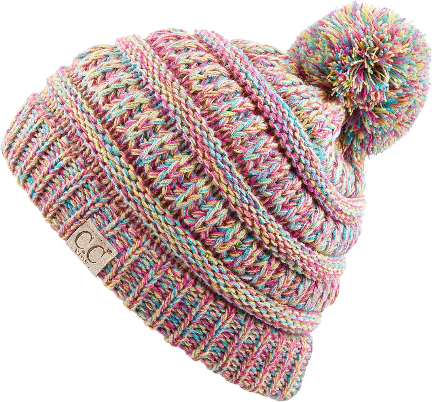 imageCC Kids Beanie Ages 25 Warm Chunky Stretchy Knit Slouch Beanie Skull Kids Hat with PomRainbow Mix