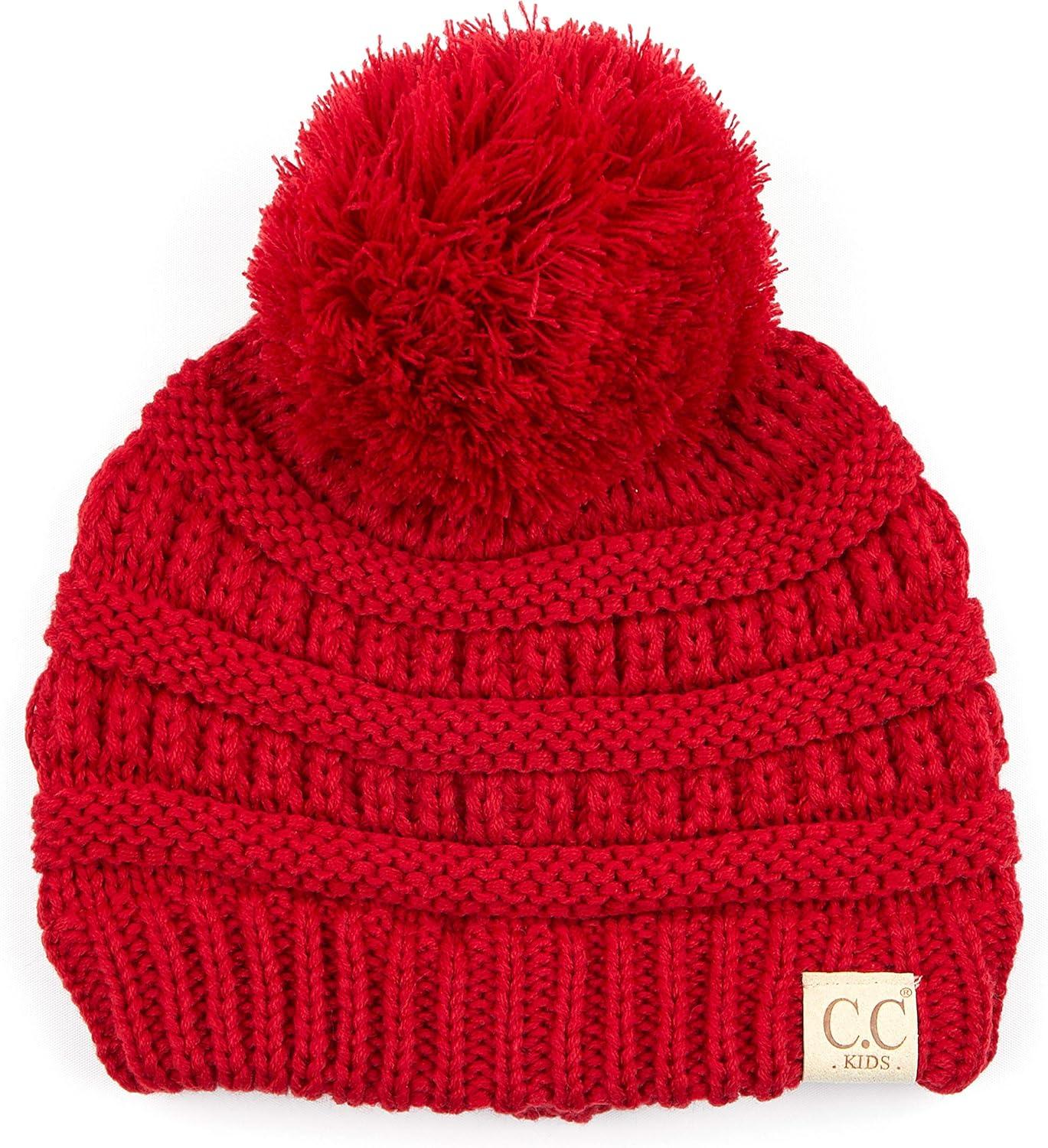 imageCC Kids Beanie Ages 25 Warm Chunky Stretchy Knit Slouch Beanie Skull Kids Hat with PomRed