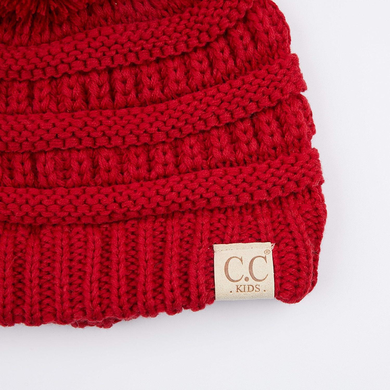 imageCC Kids Beanie Ages 25 Warm Chunky Stretchy Knit Slouch Beanie Skull Kids Hat with PomRed