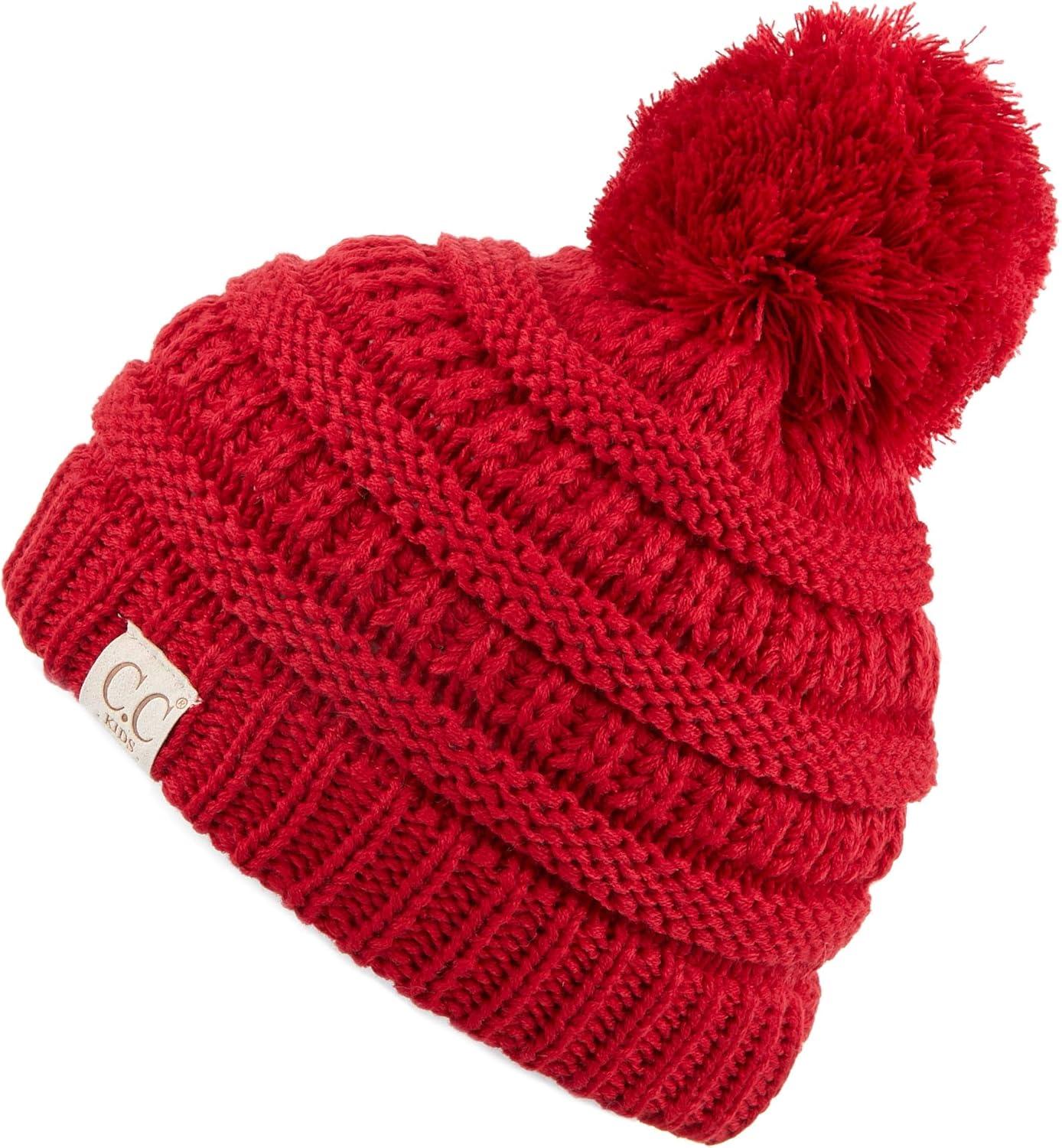imageCC Kids Beanie Ages 25 Warm Chunky Stretchy Knit Slouch Beanie Skull Kids Hat with PomRed