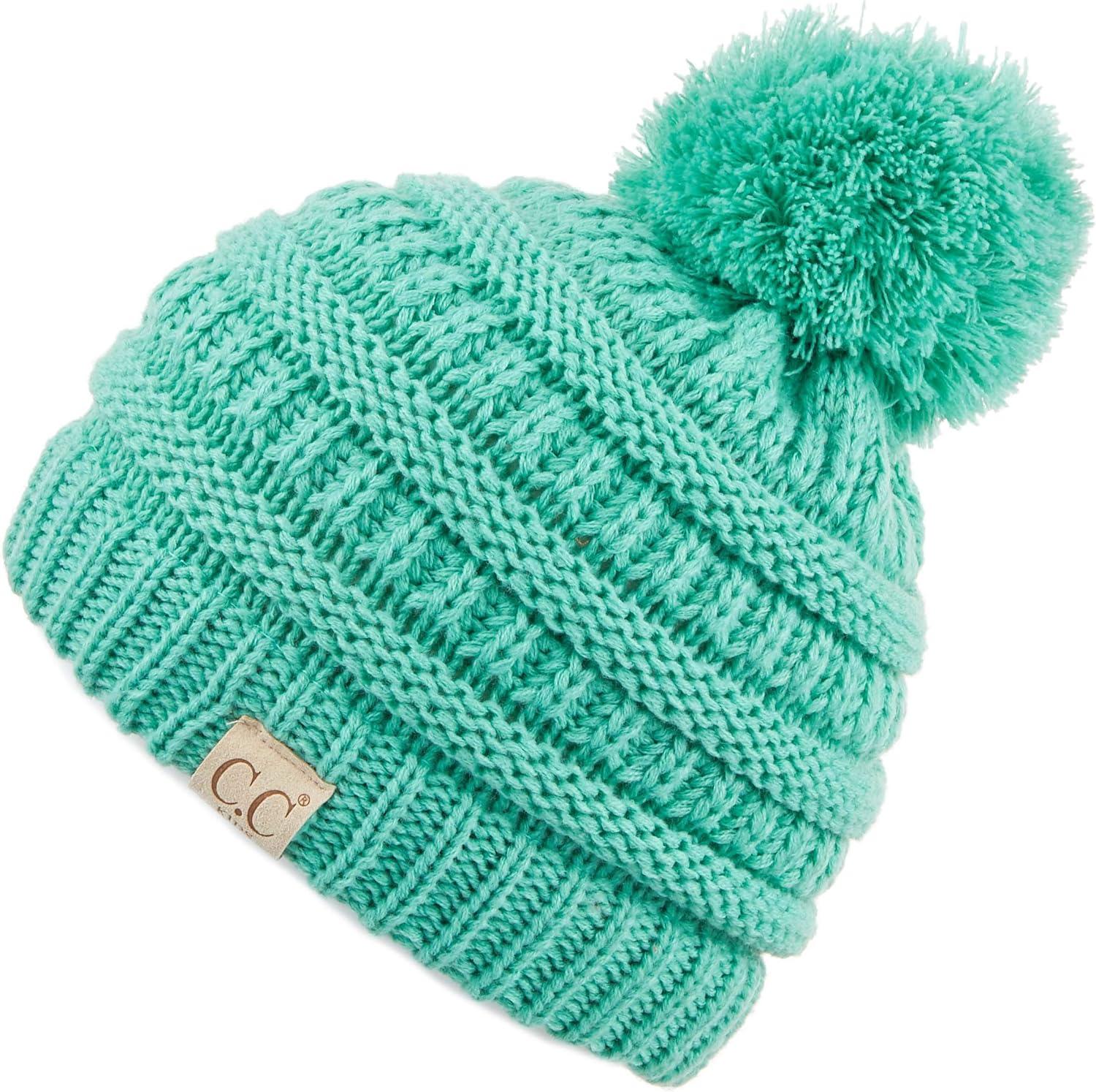 imageCC Kids Beanie Ages 25 Warm Chunky Stretchy Knit Slouch Beanie Skull Kids Hat with PomSage