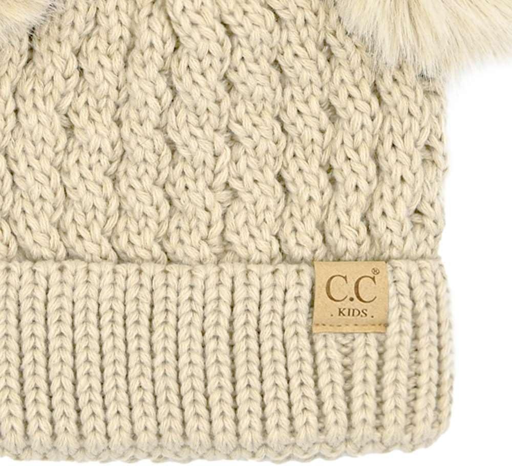imageCC Kids Cable Knit Double Pom Beanie for Kids  Comfortable Soft Warm Children Youth Skully Hat with PomMatching Faux Fur Pom Beige