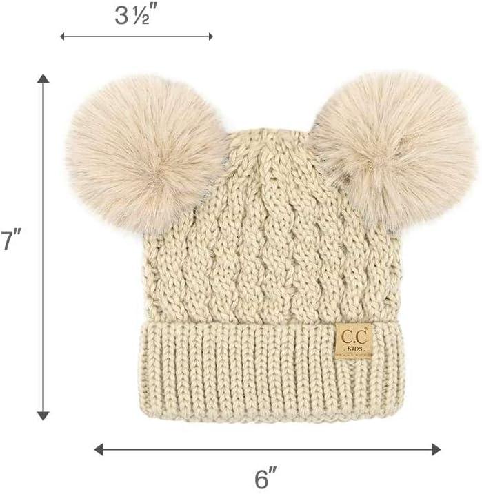 imageCC Kids Cable Knit Double Pom Beanie for Kids  Comfortable Soft Warm Children Youth Skully Hat with PomMatching Faux Fur Pom Beige