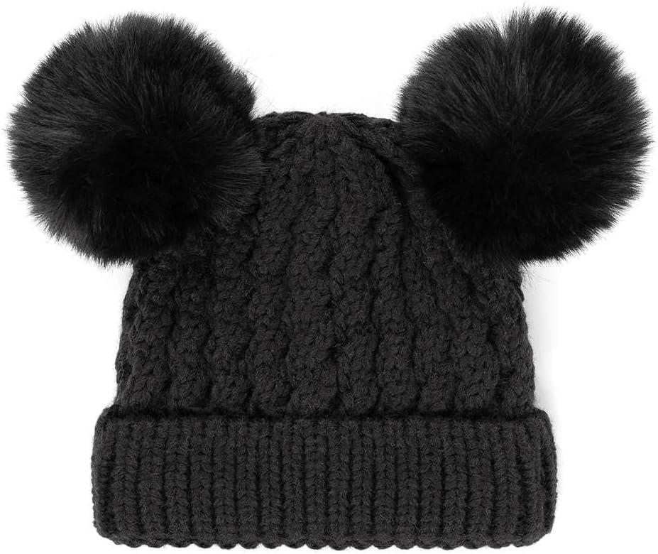 imageCC Kids Cable Knit Double Pom Beanie for Kids  Comfortable Soft Warm Children Youth Skully Hat with PomMatching Faux Fur Pom Black