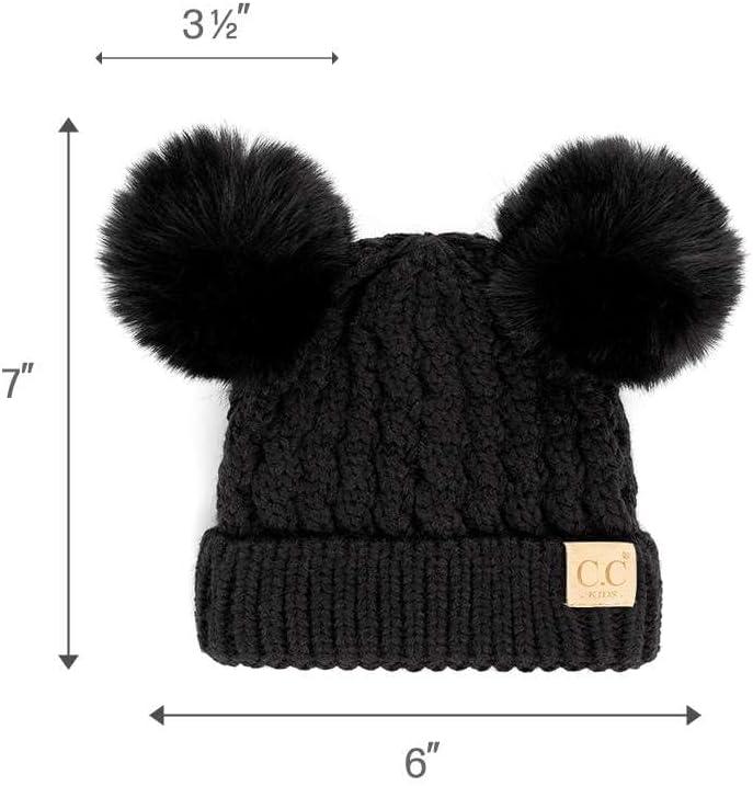 imageCC Kids Cable Knit Double Pom Beanie for Kids  Comfortable Soft Warm Children Youth Skully Hat with PomMatching Faux Fur Pom Black