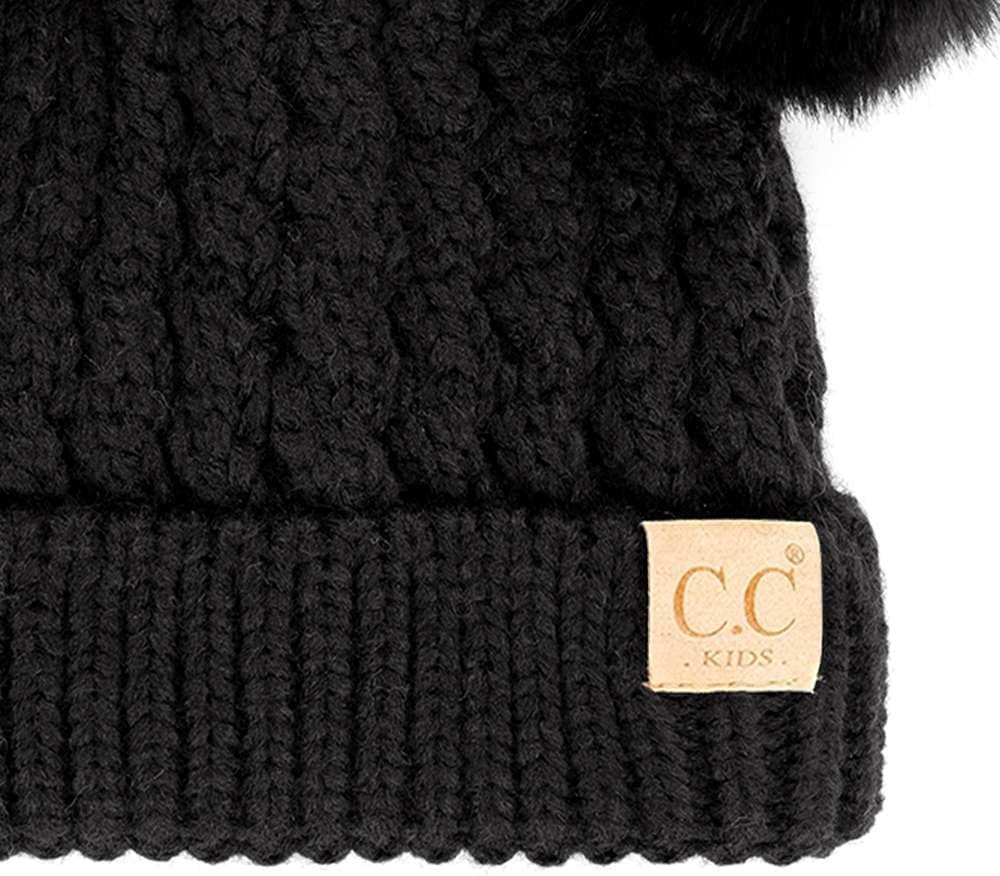 imageCC Kids Cable Knit Double Pom Beanie for Kids  Comfortable Soft Warm Children Youth Skully Hat with PomMatching Faux Fur Pom Black