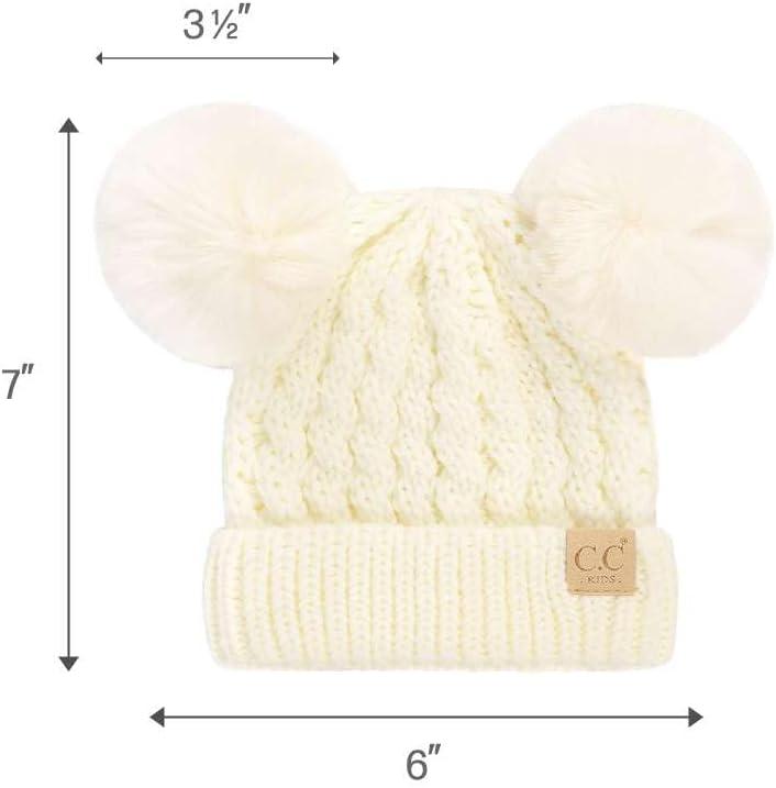 imageCC Kids Cable Knit Double Pom Beanie for Kids  Comfortable Soft Warm Children Youth Skully Hat with PomMatching Faux Fur Pom Ivory