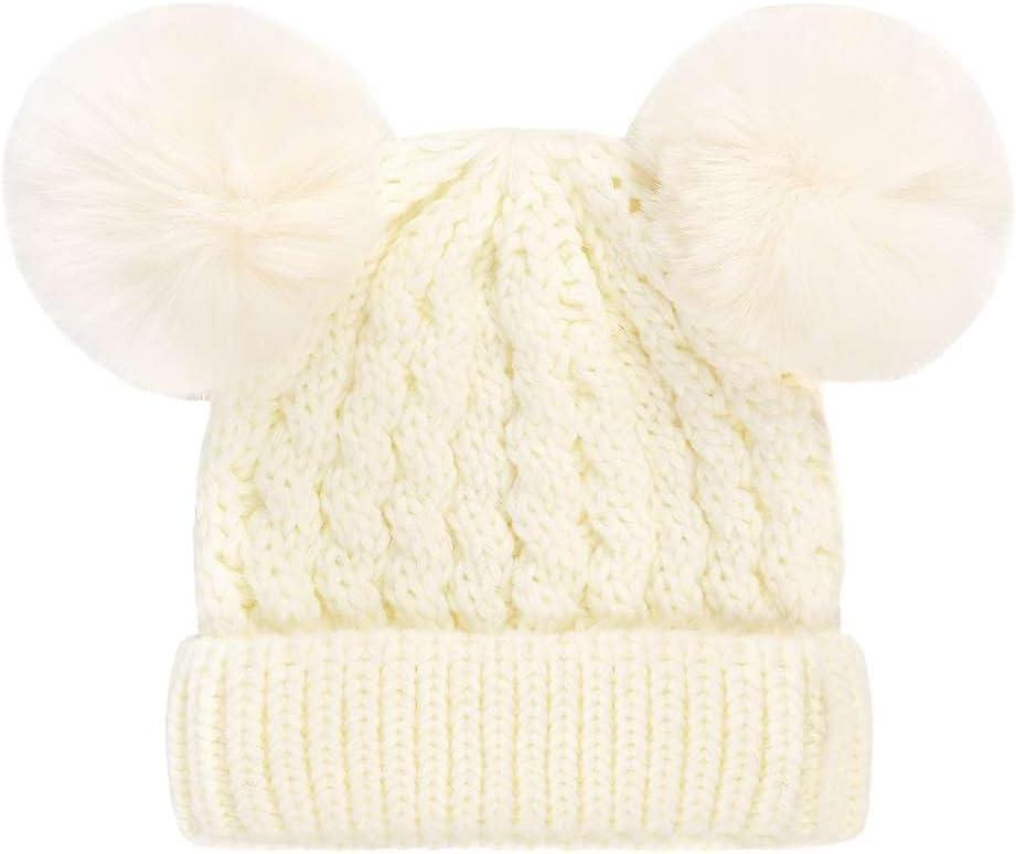 imageCC Kids Cable Knit Double Pom Beanie for Kids  Comfortable Soft Warm Children Youth Skully Hat with PomMatching Faux Fur Pom Ivory
