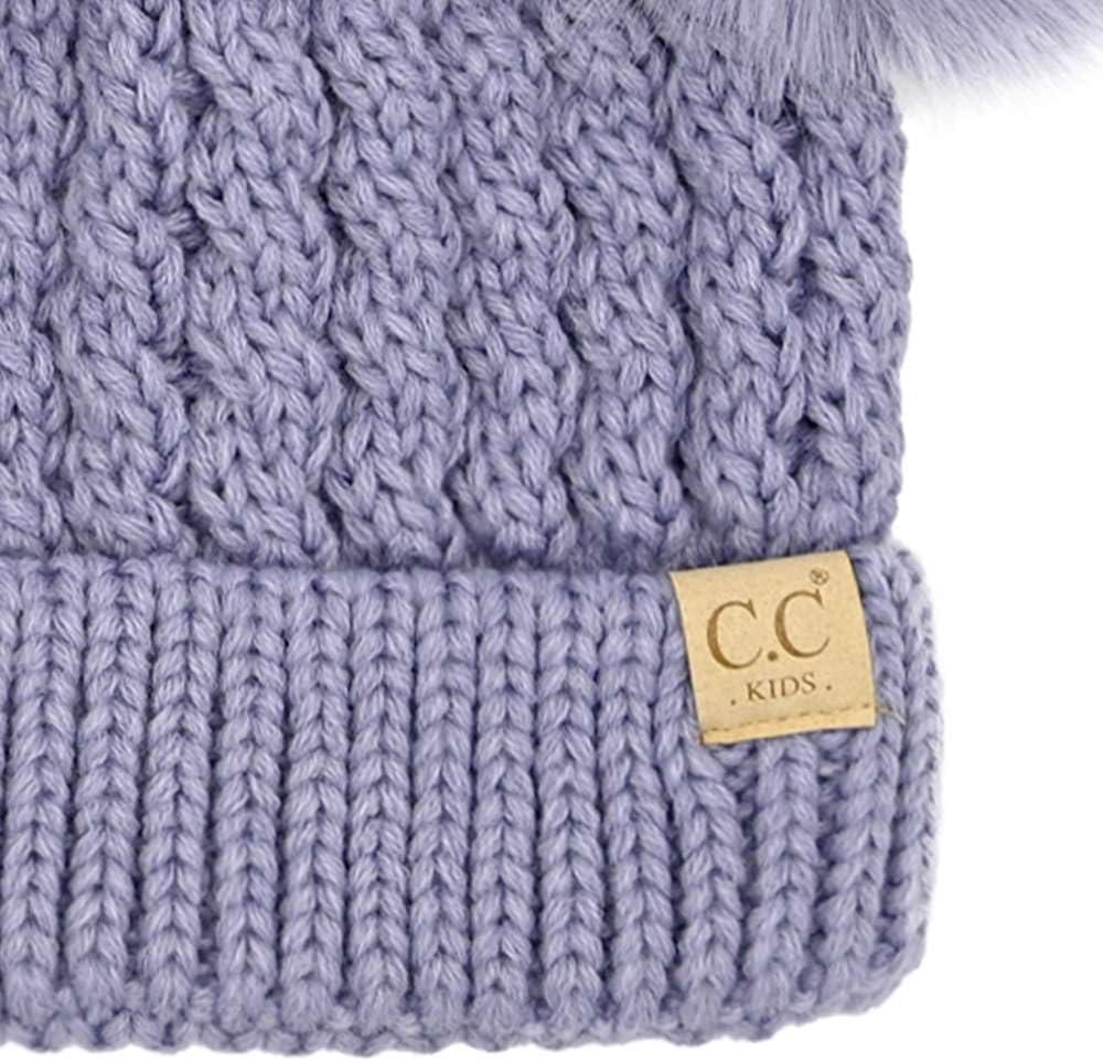imageCC Kids Cable Knit Double Pom Beanie for Kids  Comfortable Soft Warm Children Youth Skully Hat with PomMatching Faux Fur Pom Lavender