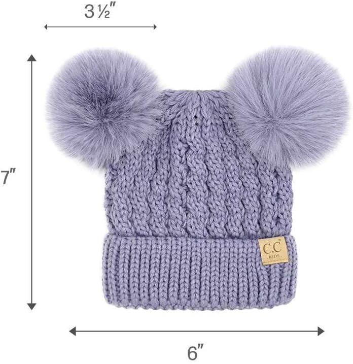 imageCC Kids Cable Knit Double Pom Beanie for Kids  Comfortable Soft Warm Children Youth Skully Hat with PomMatching Faux Fur Pom Lavender