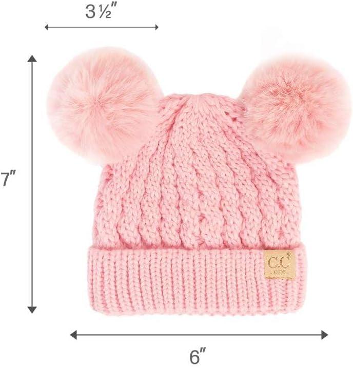 imageCC Kids Cable Knit Double Pom Beanie for Kids  Comfortable Soft Warm Children Youth Skully Hat with PomMatching Faux Fur Pom Pale Pink