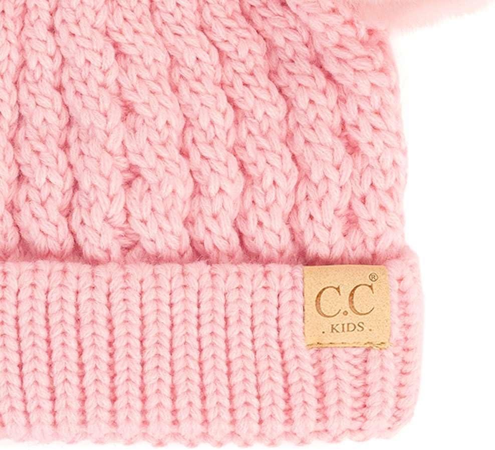 imageCC Kids Cable Knit Double Pom Beanie for Kids  Comfortable Soft Warm Children Youth Skully Hat with PomMatching Faux Fur Pom Pale Pink