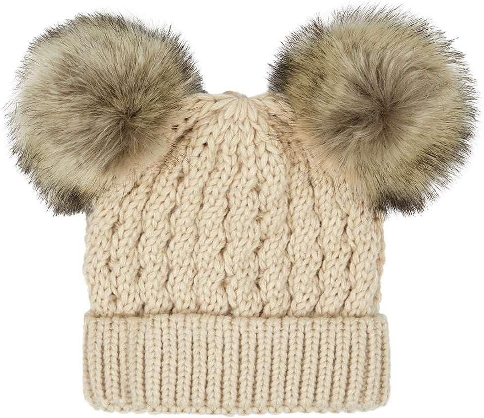 imageCC Kids Cable Knit Double Pom Beanie for Kids  Comfortable Soft Warm Children Youth Skully Hat with PomNatural Faux Fur Pom Beige