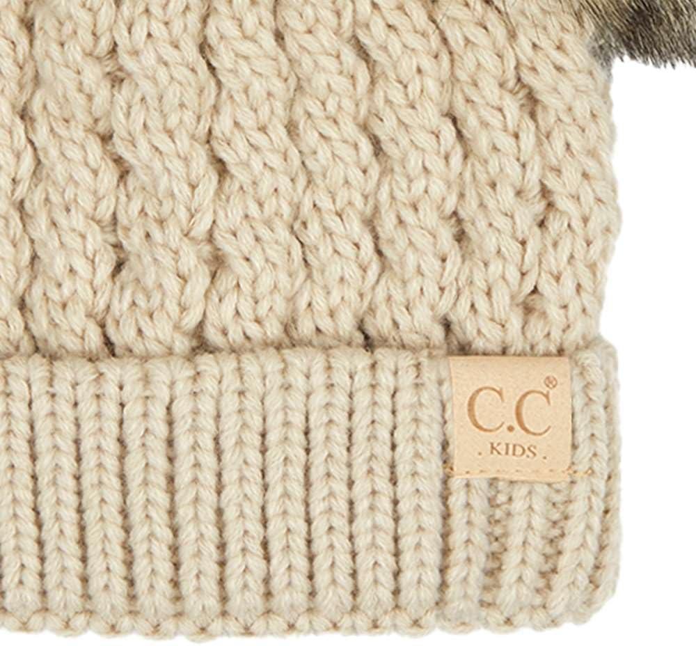 imageCC Kids Cable Knit Double Pom Beanie for Kids  Comfortable Soft Warm Children Youth Skully Hat with PomNatural Faux Fur Pom Beige