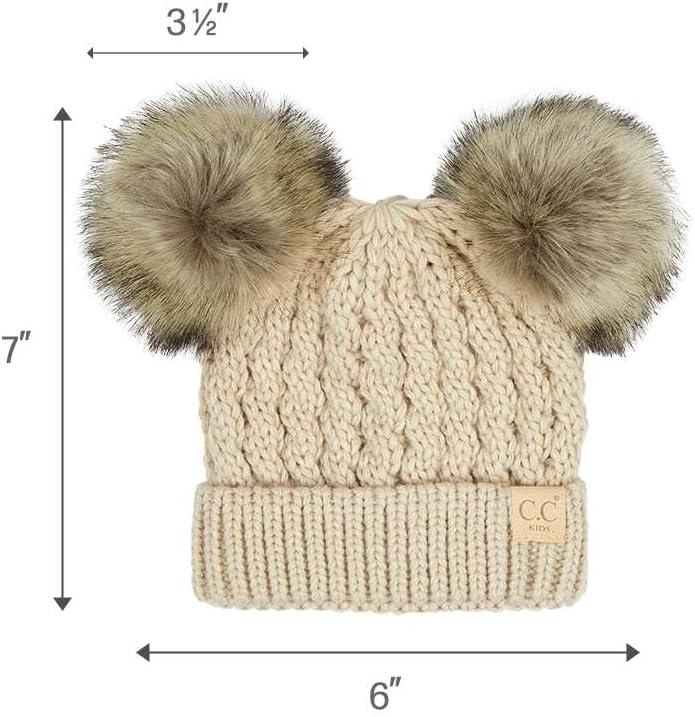 imageCC Kids Cable Knit Double Pom Beanie for Kids  Comfortable Soft Warm Children Youth Skully Hat with PomNatural Faux Fur Pom Beige