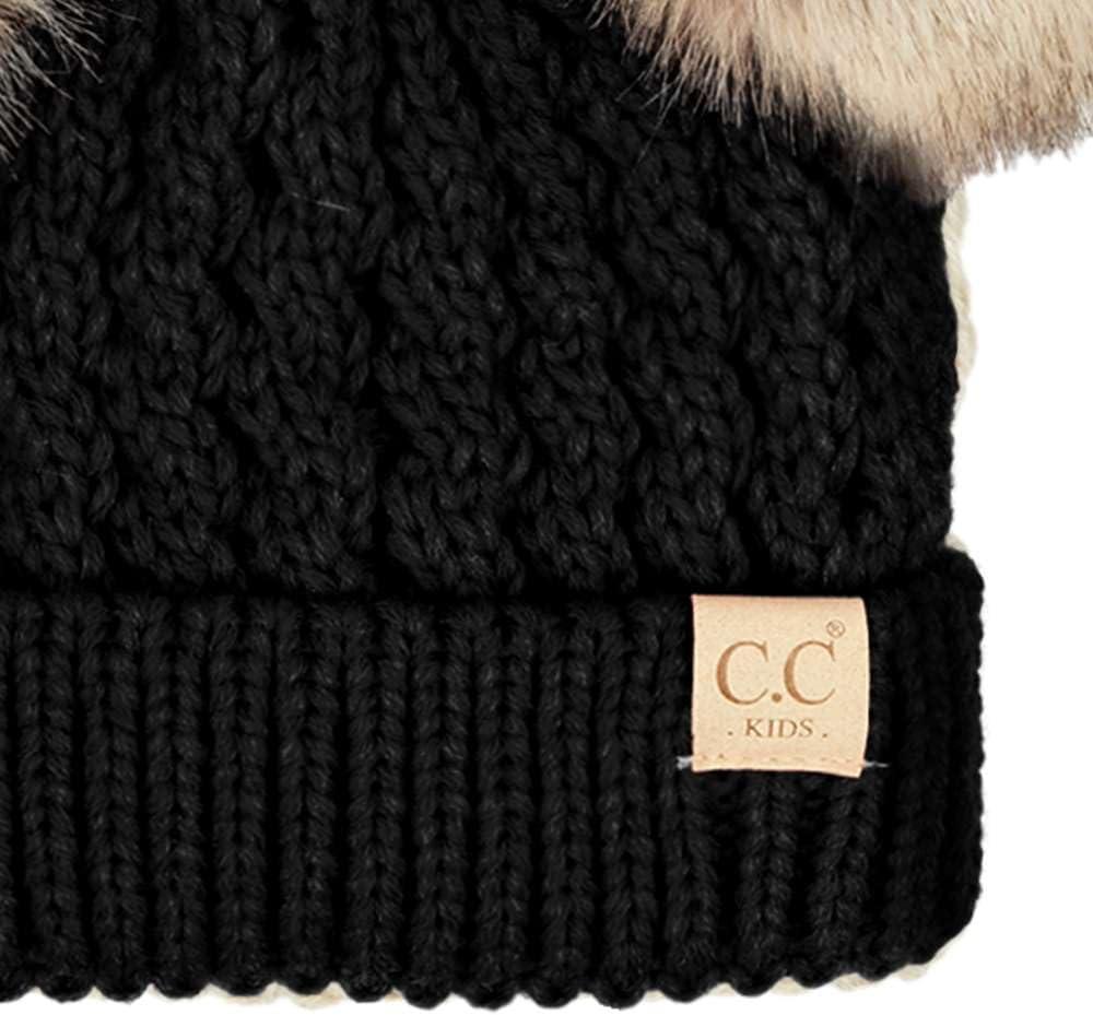 imageCC Kids Cable Knit Double Pom Beanie for Kids  Comfortable Soft Warm Children Youth Skully Hat with PomNatural Faux Fur Pom Black