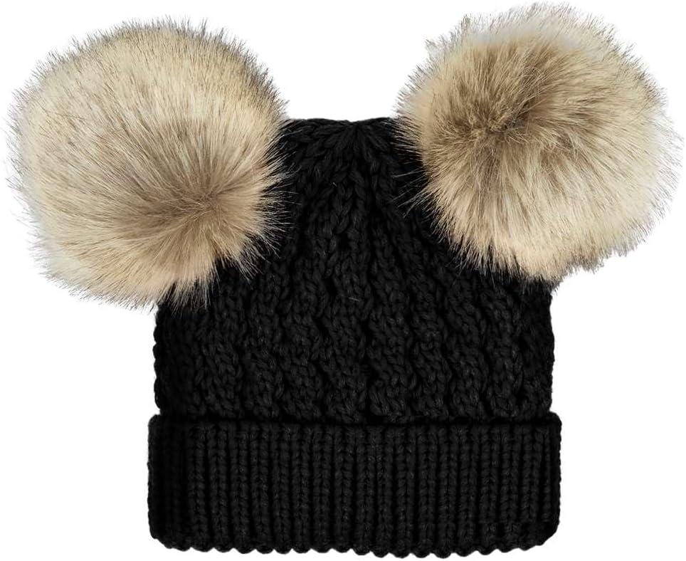 imageCC Kids Cable Knit Double Pom Beanie for Kids  Comfortable Soft Warm Children Youth Skully Hat with PomNatural Faux Fur Pom Black